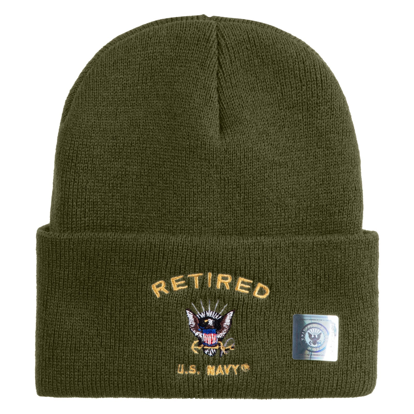 Dark gray beanie with 'Retired U.S. Navy' embroidery on a white background