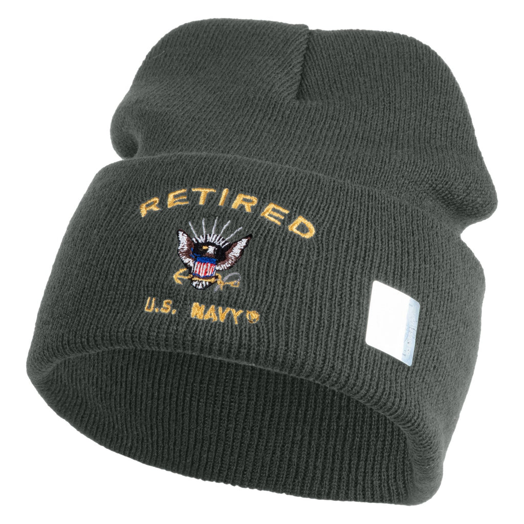 Dark gray knit beanie with 'Retired U.S. Navy' embroidery on a white background