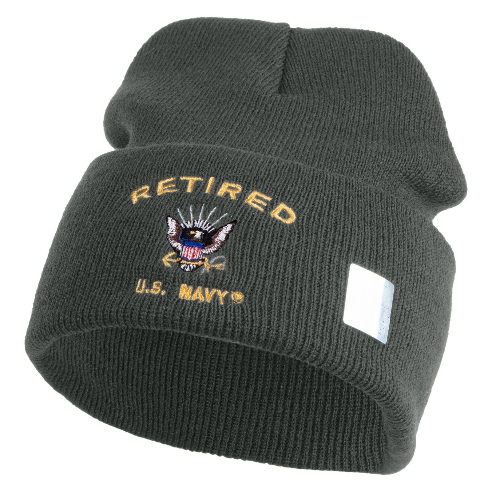 Dark gray knit beanie with 'Retired U.S. Navy' embroidery on a white background
