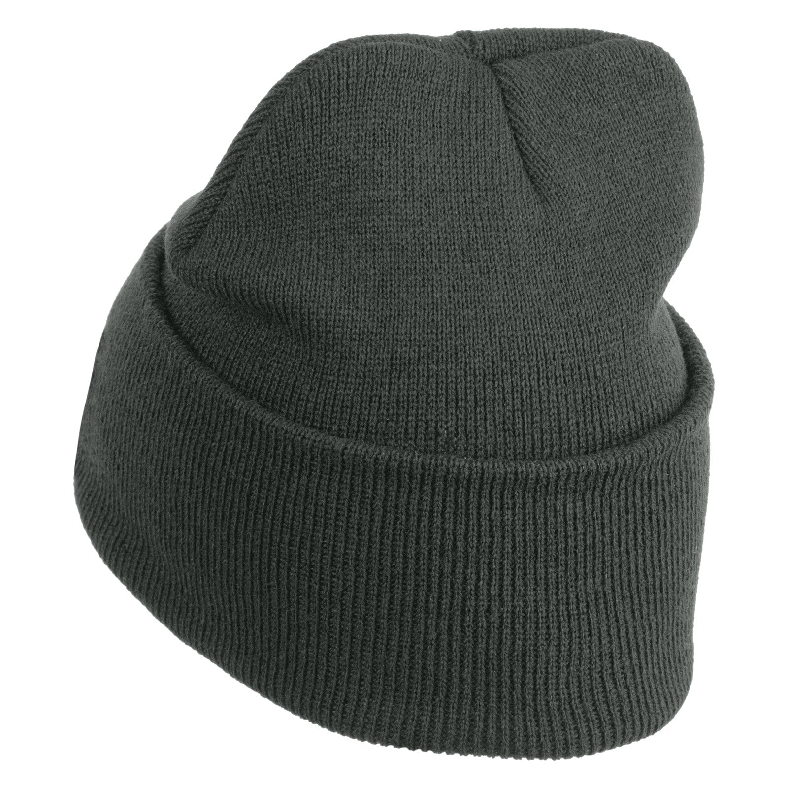 Green knit beanie on a white background