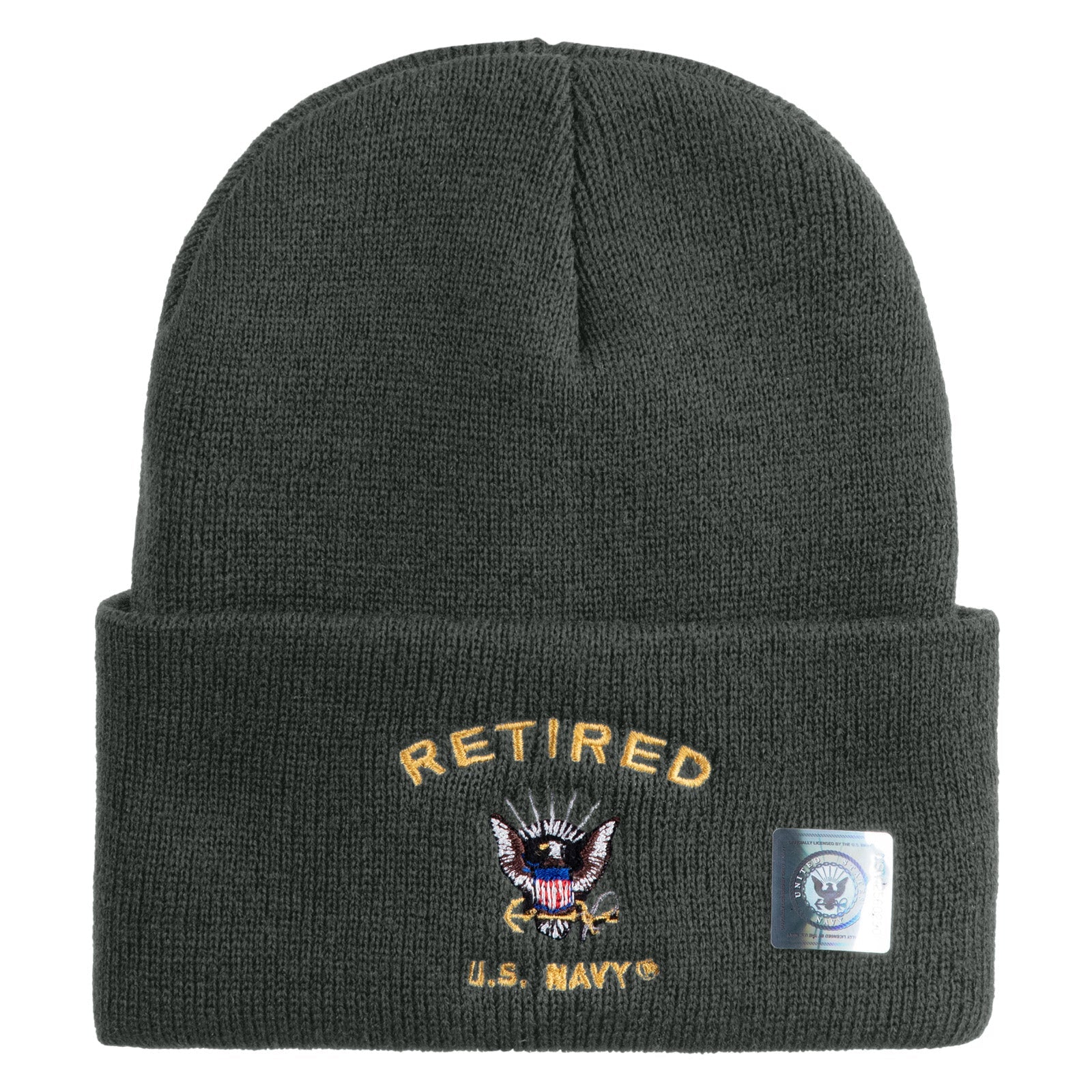 Dark gray beanie with 'Retired U.S. Navy' embroidery on a white background