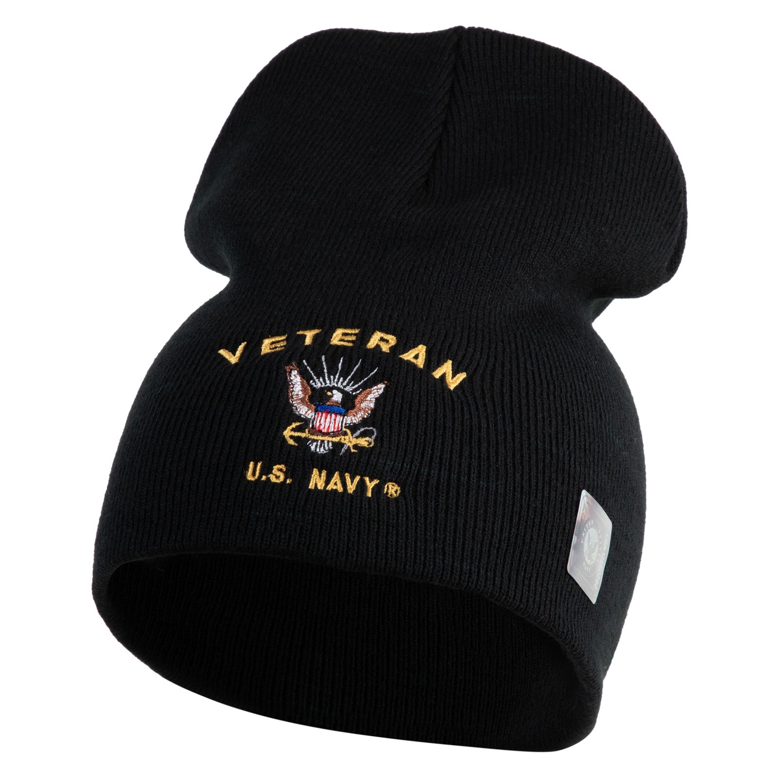 Black beanie with U.S. Navy Veteran embroidery on a white background