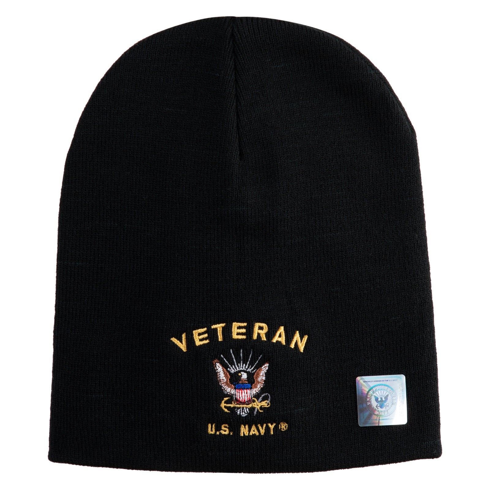 Black beanie with 'Veteran U.S. Navy' embroidery on a white background