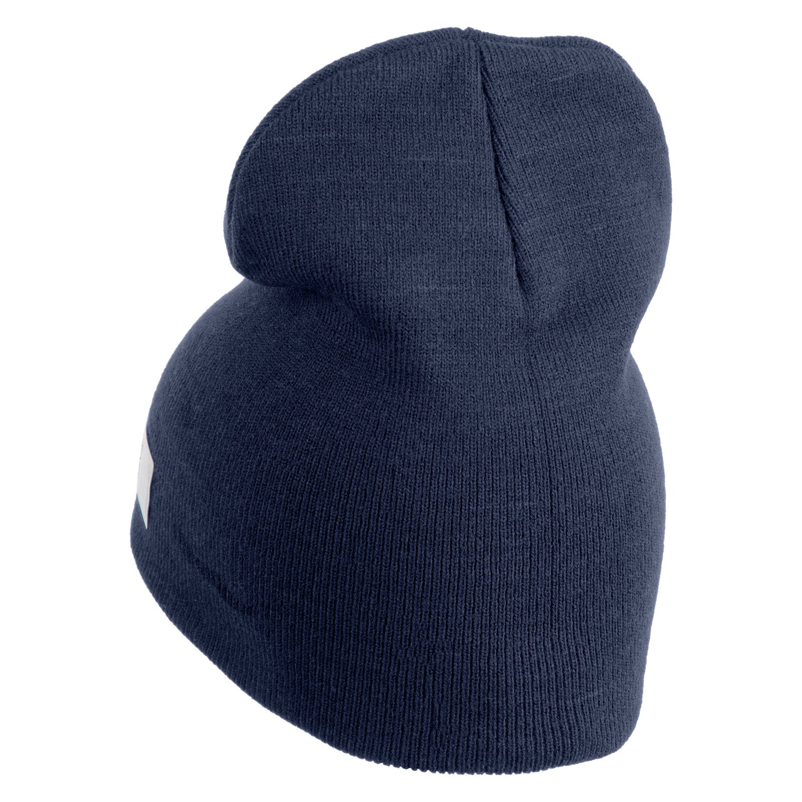 Navy blue knit beanie on a white background