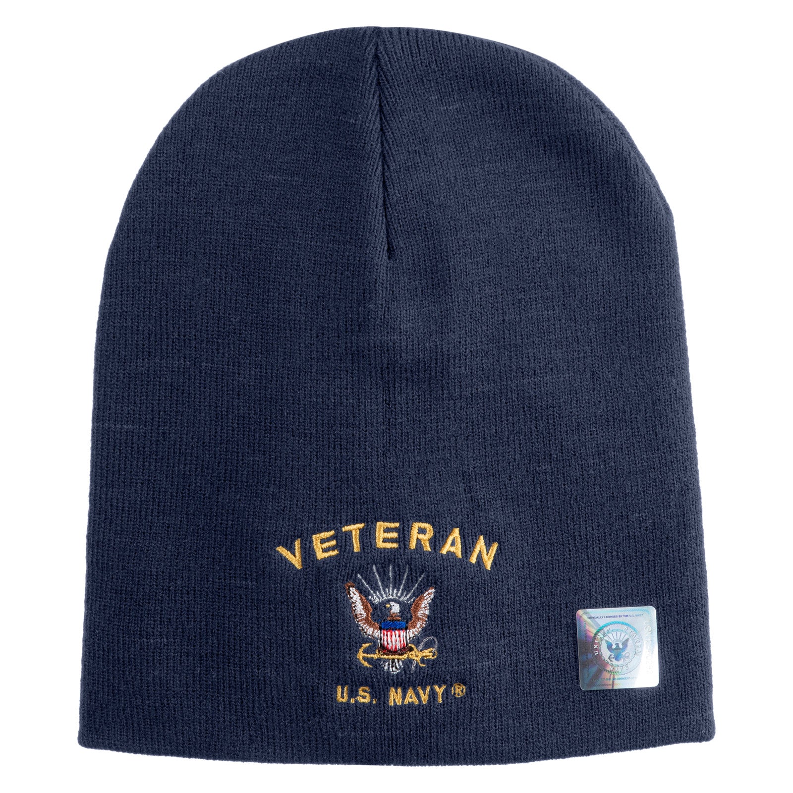 Navy blue beanie with 'Veteran U.S. Navy' embroidery on a white background
