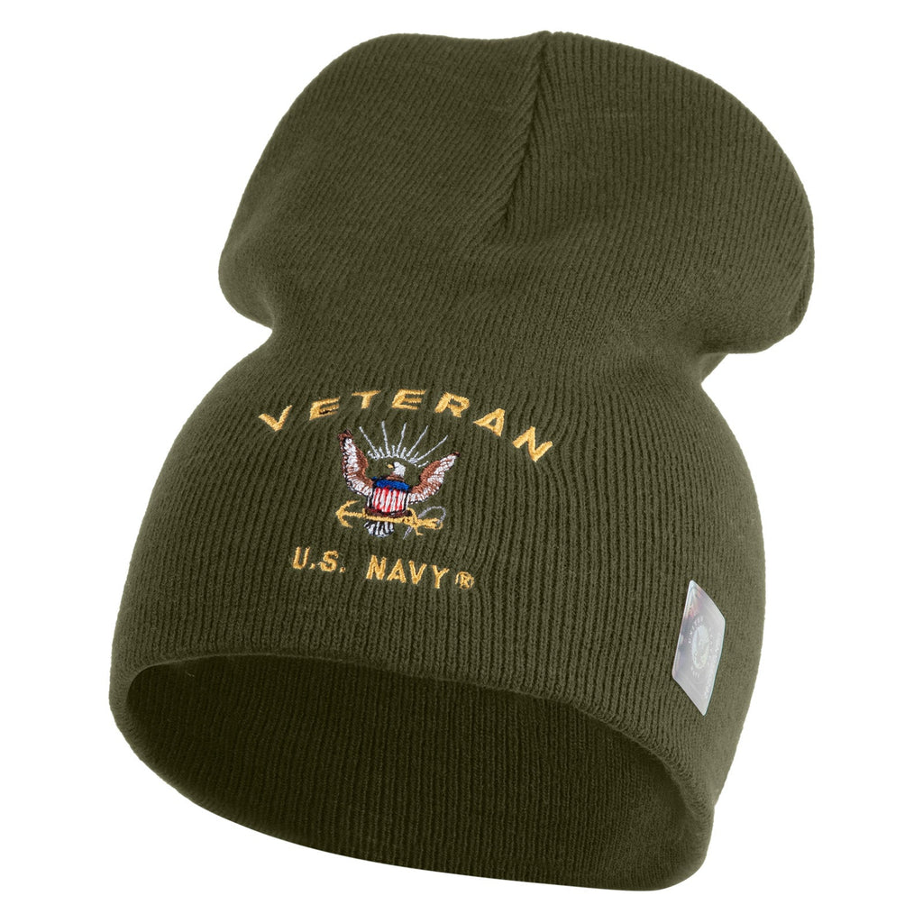 Green beanie with 'Veteran U.S. Navy' embroidery on a white background