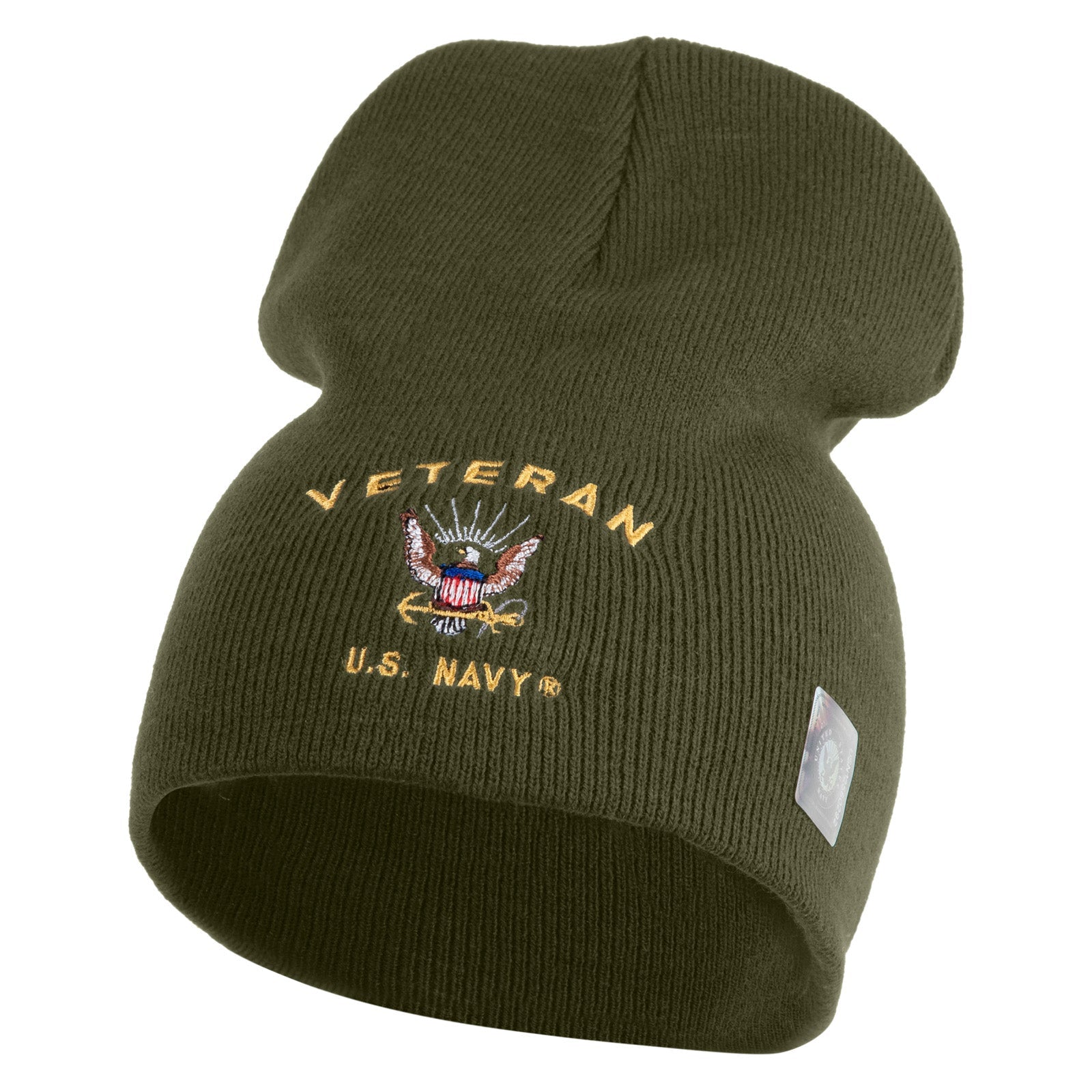 Green beanie with 'Veteran U.S. Navy' embroidery on a white background