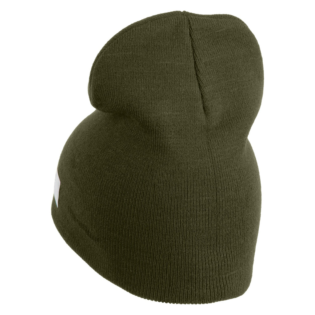 Green knit beanie with a brand logo on a white background