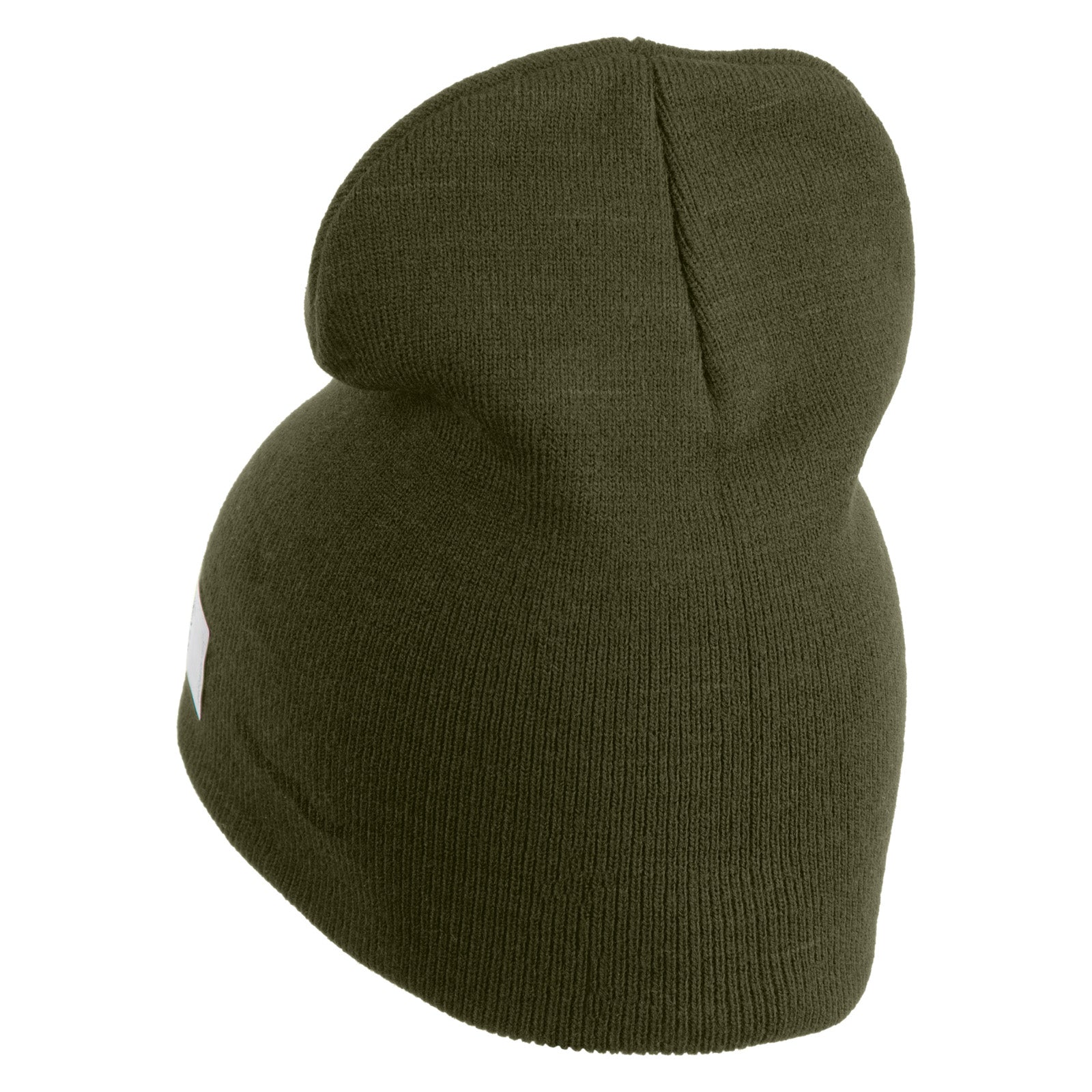 Green knit beanie with a brand logo on a white background