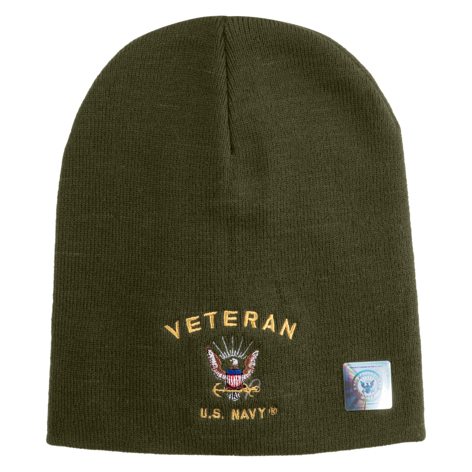 Green beanie with 'Veteran U.S. Navy' embroidery on a white background