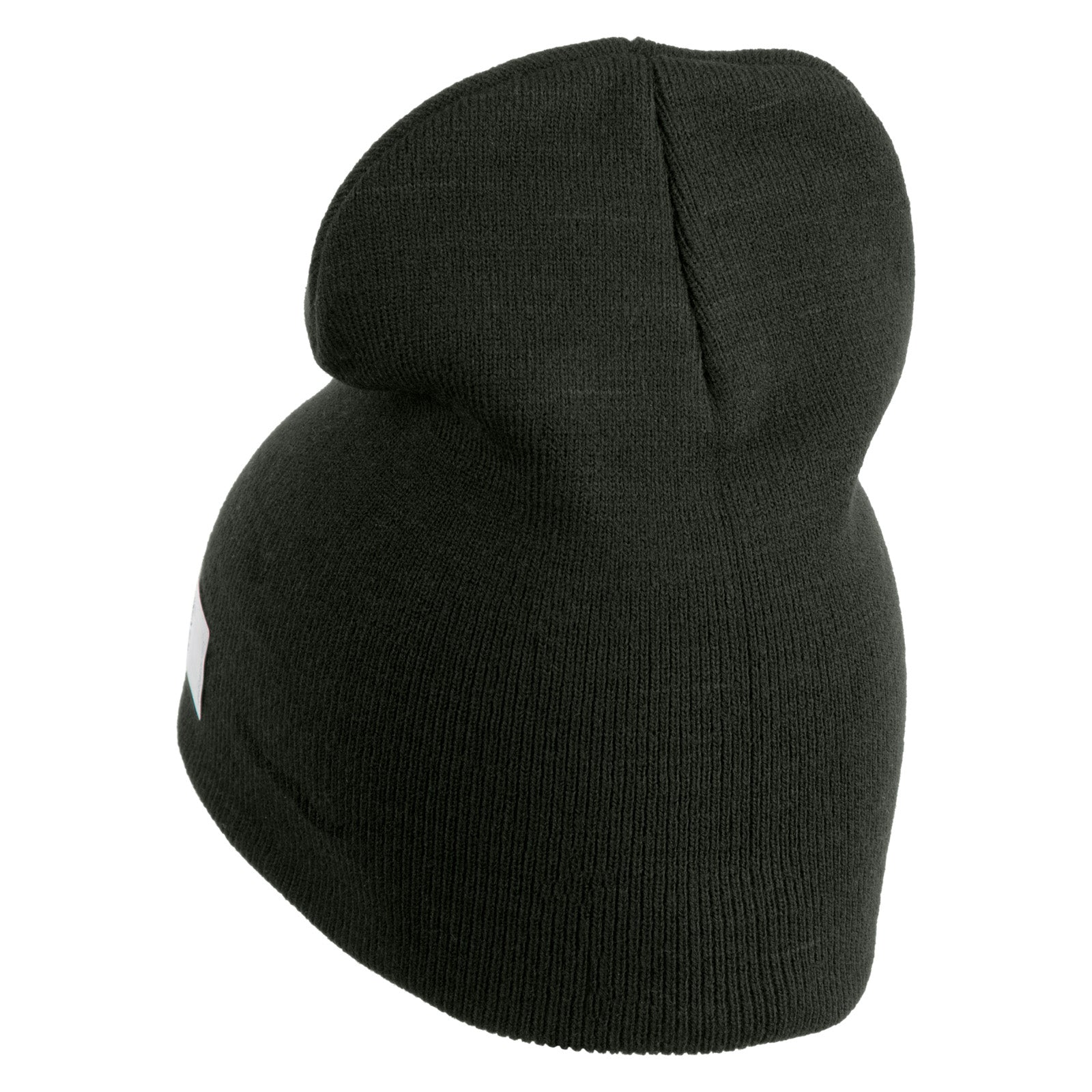 Green knit beanie with a brand logo on a white background