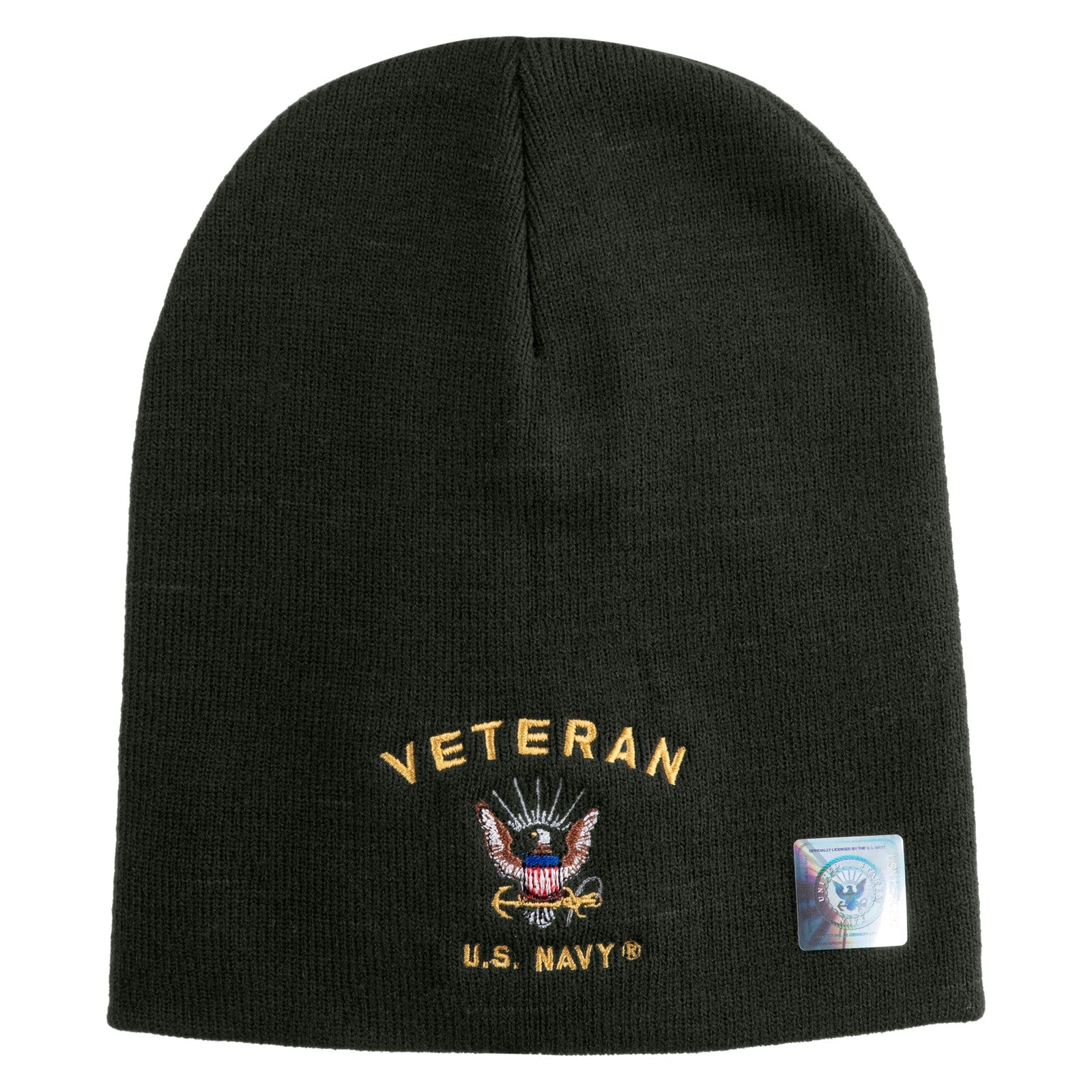 Black beanie with 'Veteran U.S. Navy' embroidery on a white background