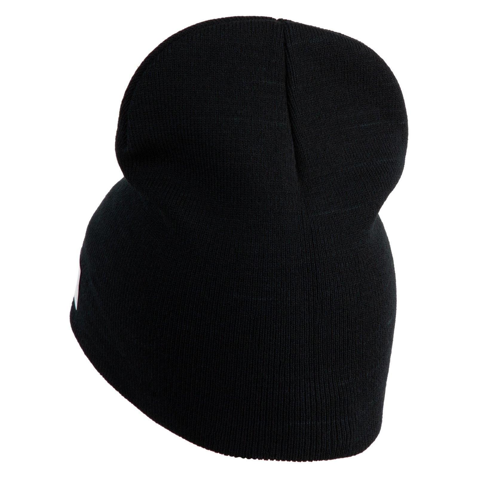Black knit beanie on a white background