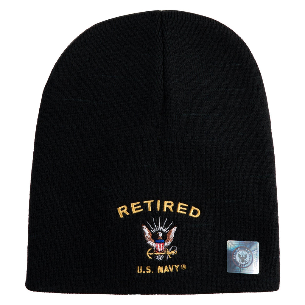 Black beanie with 'Retired U.S. Navy' embroidery on a white background