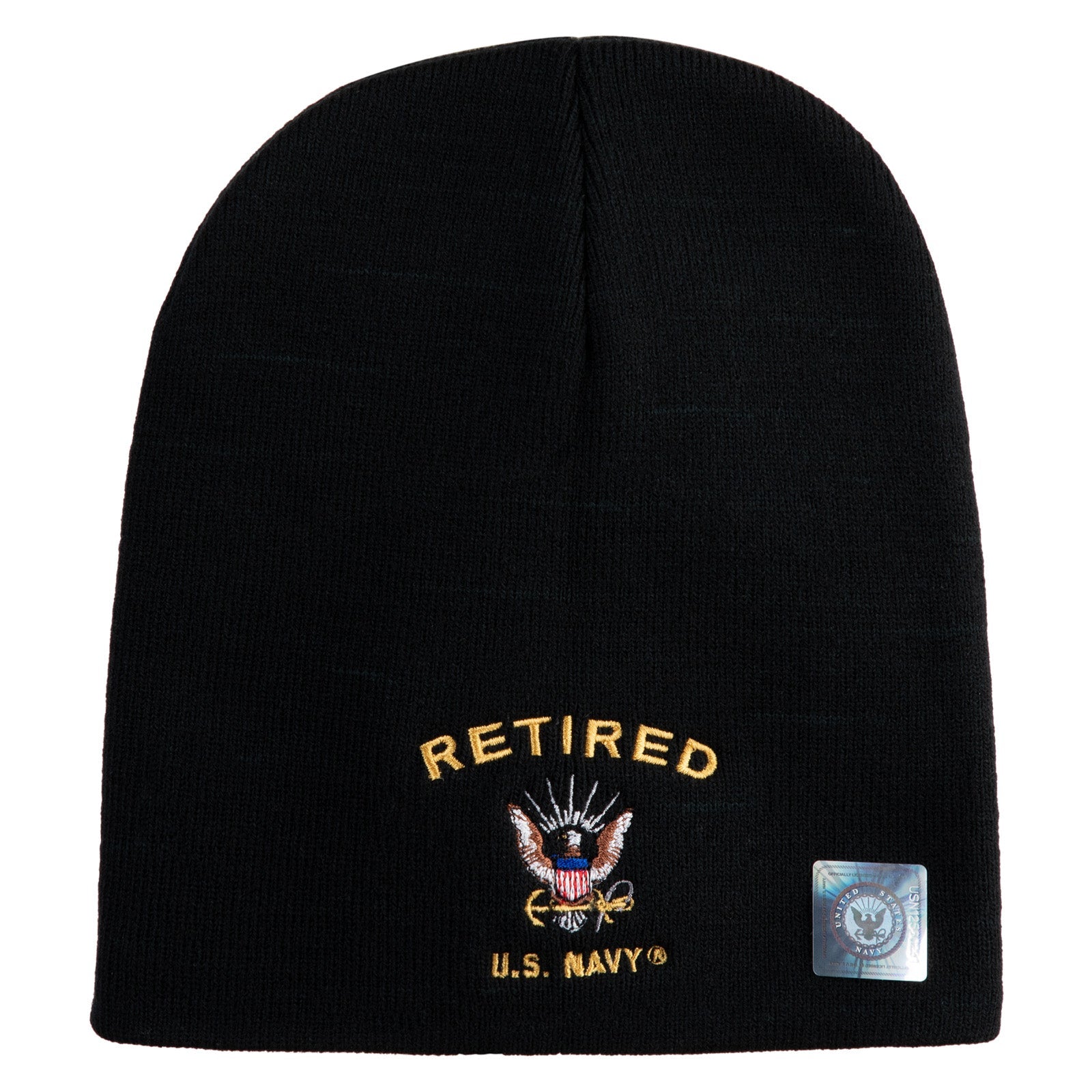 Black beanie with 'Retired U.S. Navy' embroidery on a white background