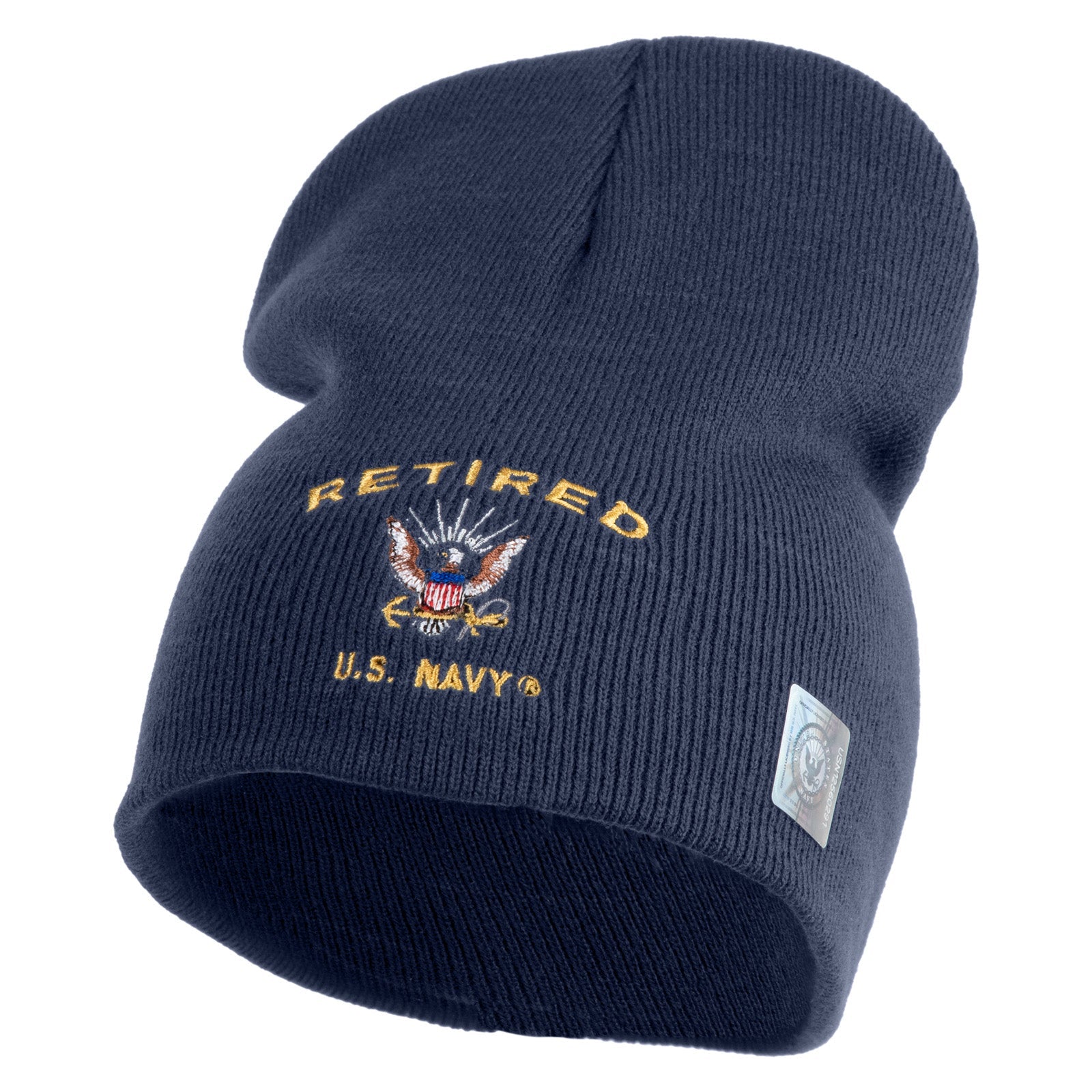 Navy blue beanie with 'Retired U.S. Navy' embroidery on a white background