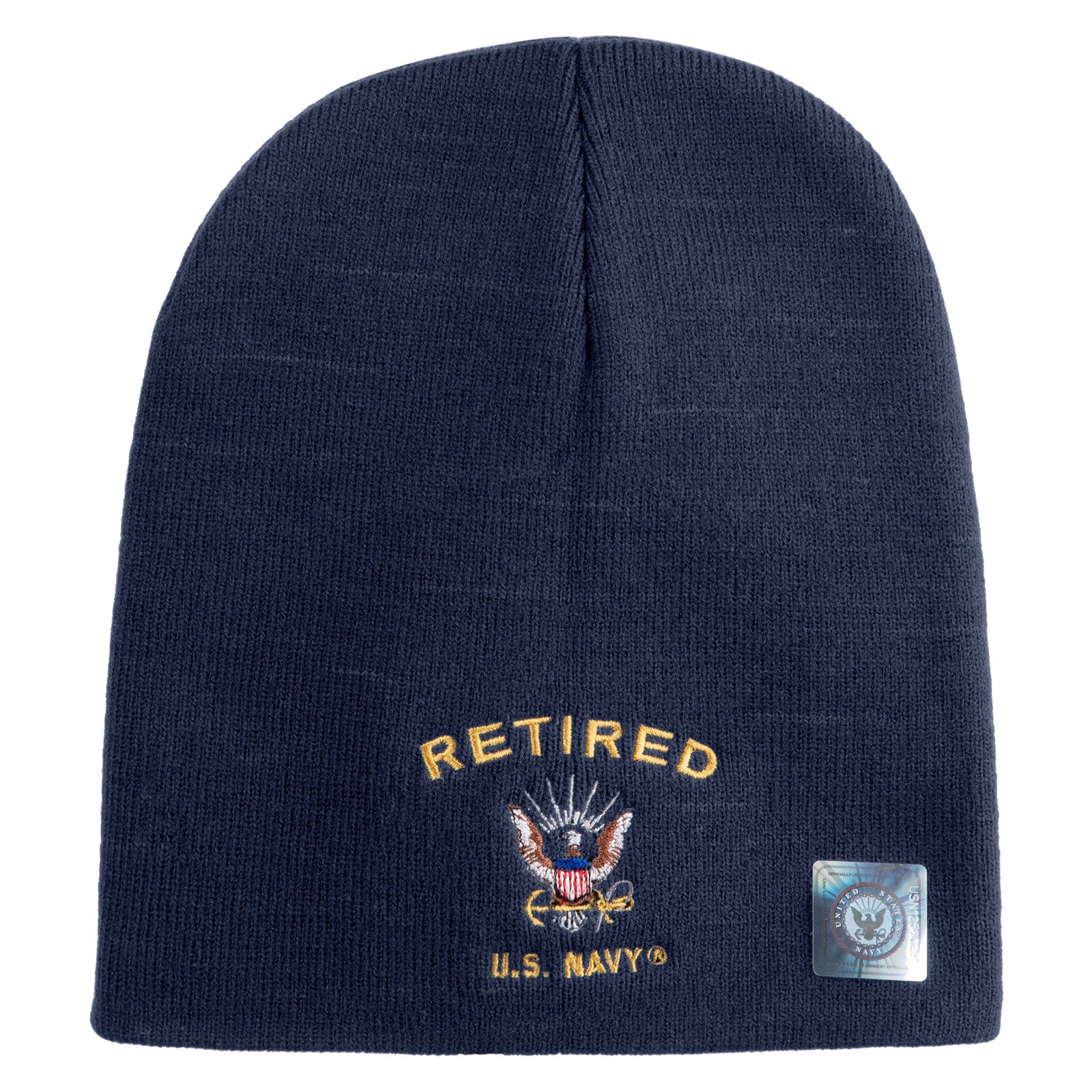 Navy blue beanie with 'Retired U.S. Navy' embroidery on a white background