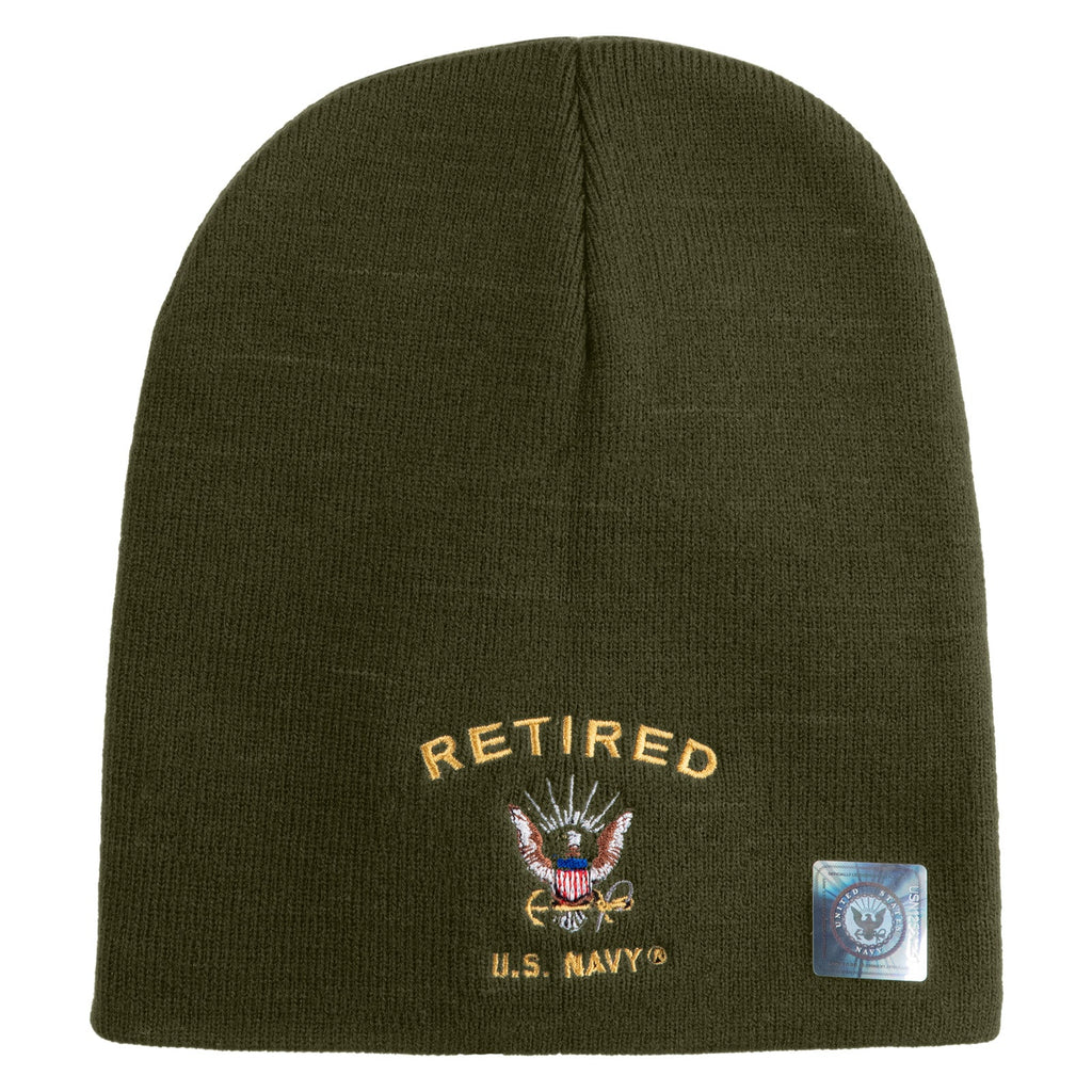 Green beanie with 'Retired U.S. Navy' embroidery on a white background