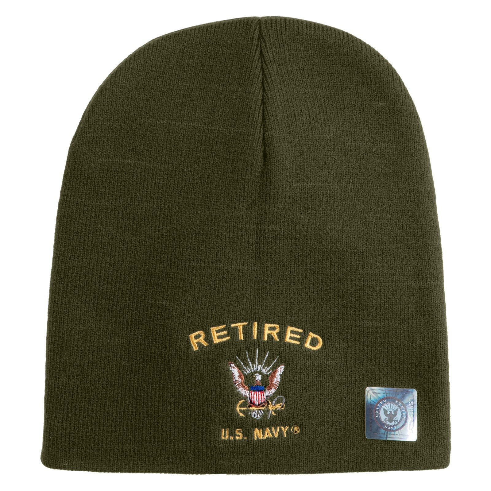 Green beanie with 'Retired U.S. Navy' embroidery on a white background