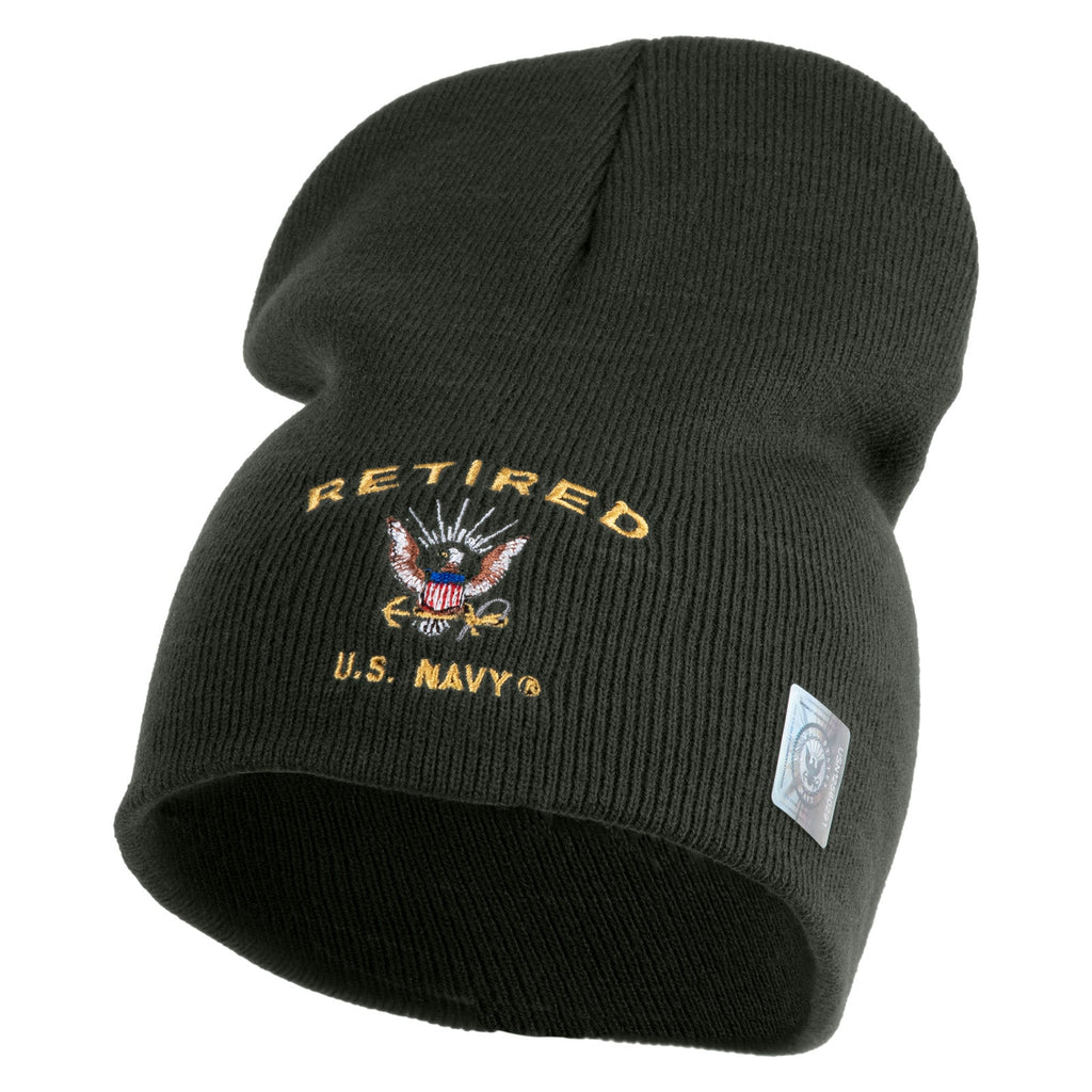 Green knit beanie with 'Retired U.S. Navy' embroidery on a white background