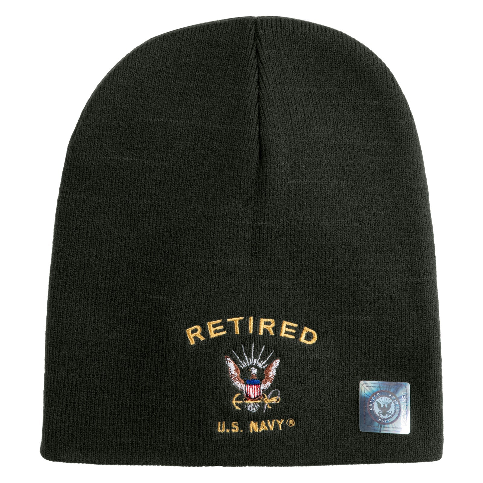 Black beanie with 'Retired U.S. Navy' embroidery on a white background