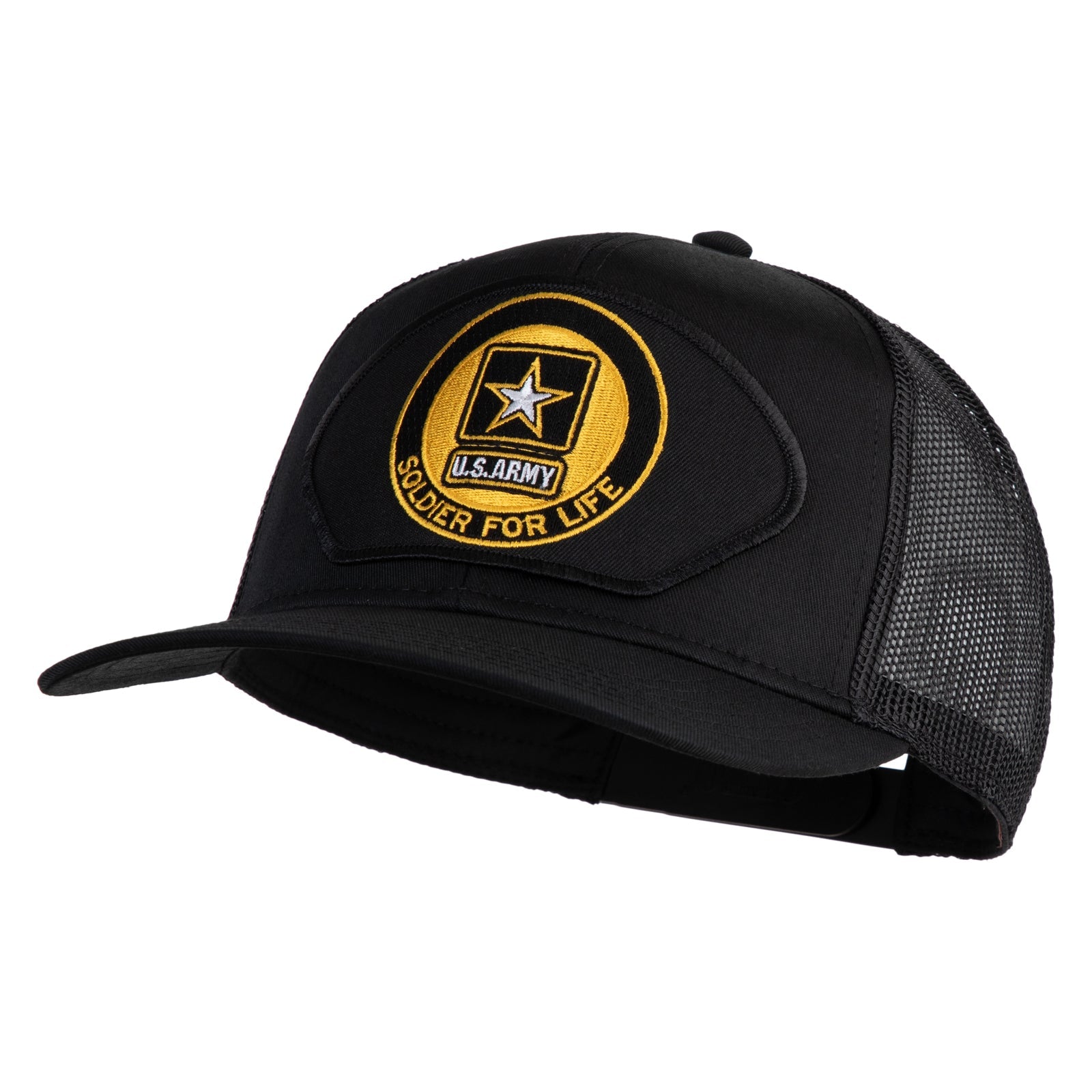 Black cap with U.S. Army logo and 'Soldier for Life' text on a white background