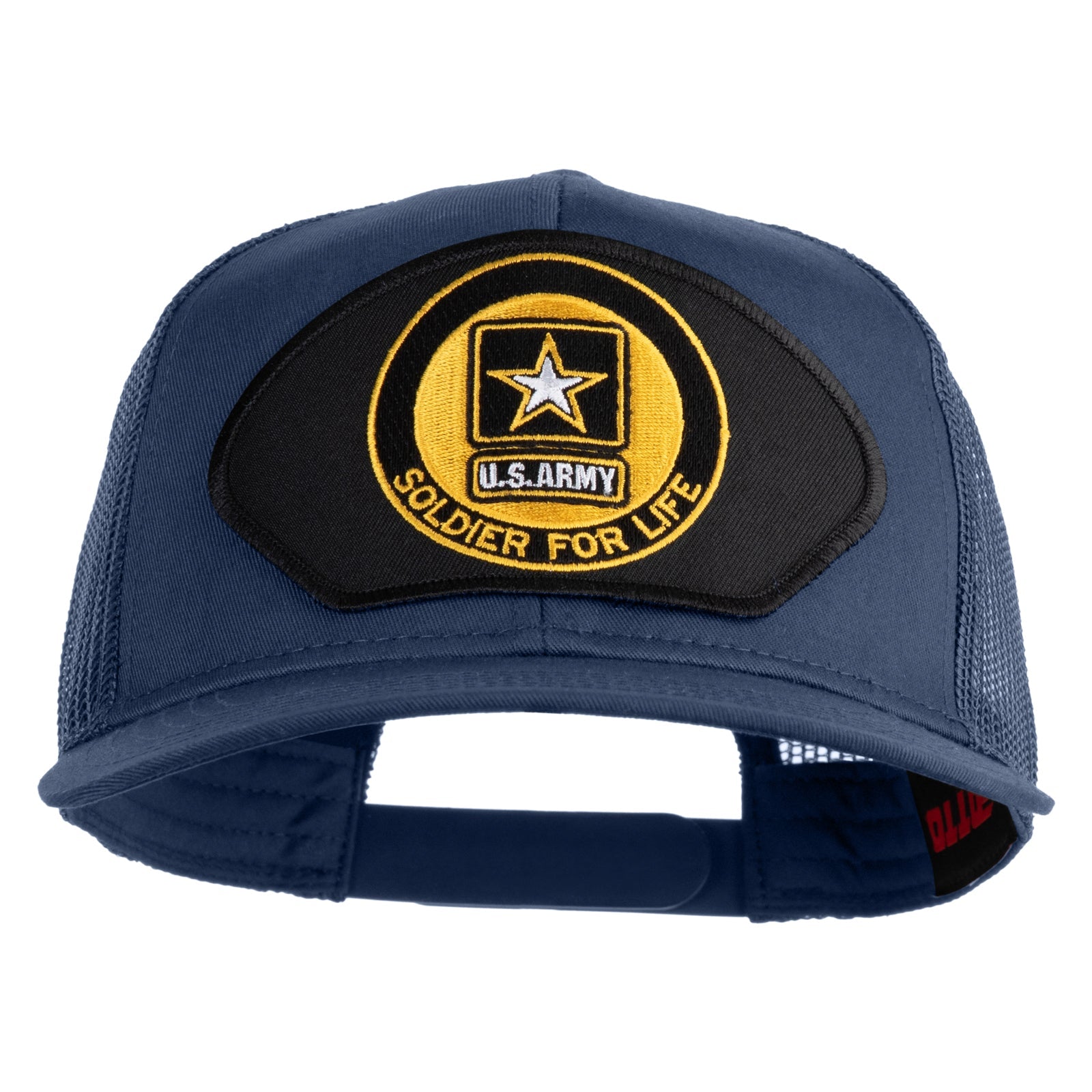 Navy blue cap with U.S. Army patch featuring a star and text on a white background