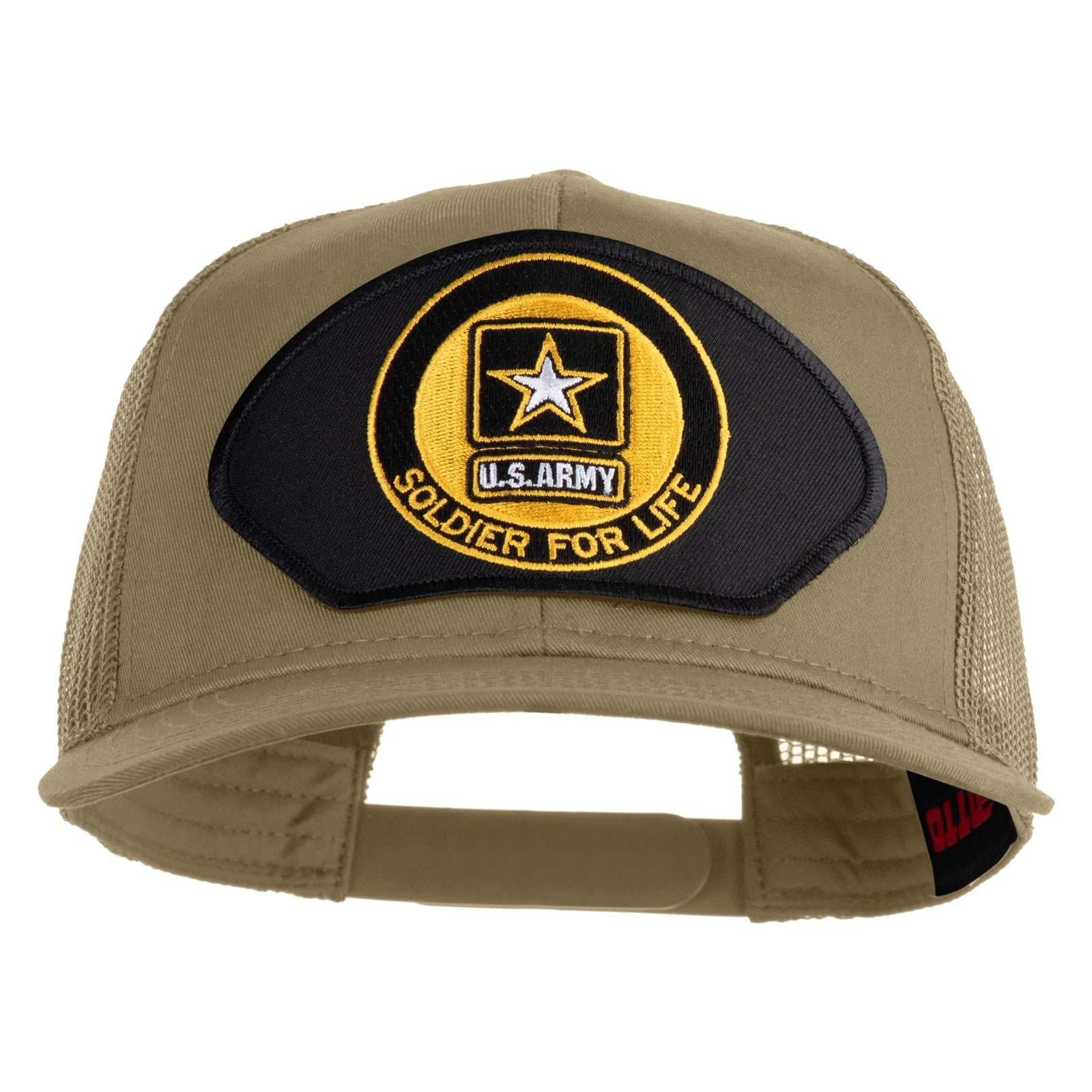 Khaki cap with U.S. Army patch featuring a star and 'Soldier for Life' text on a white background.