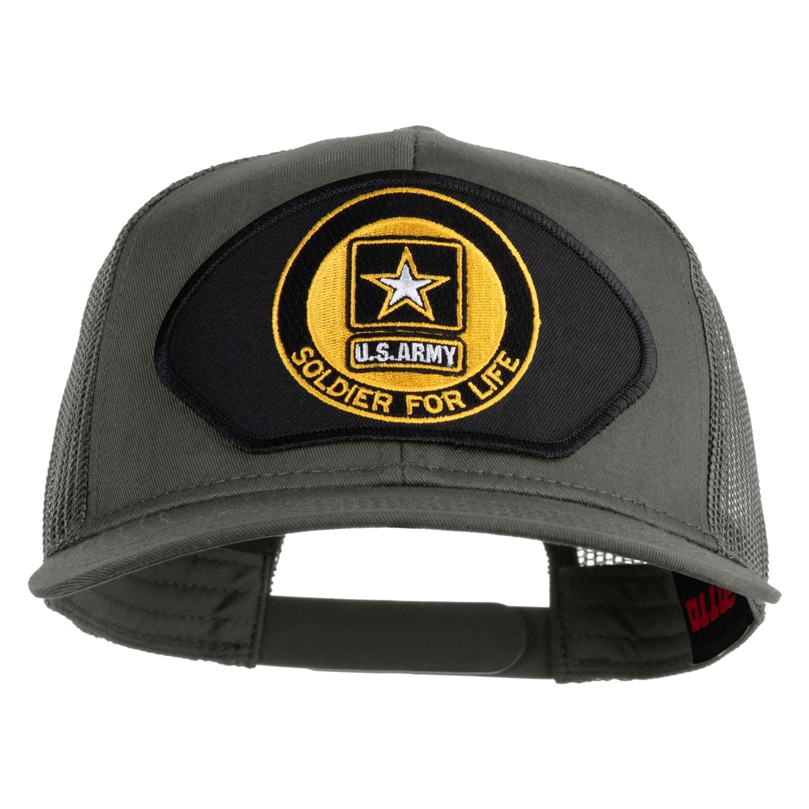 Gray cap with U.S. Army patch featuring a star and 'Soldier for Life' text on a white background.