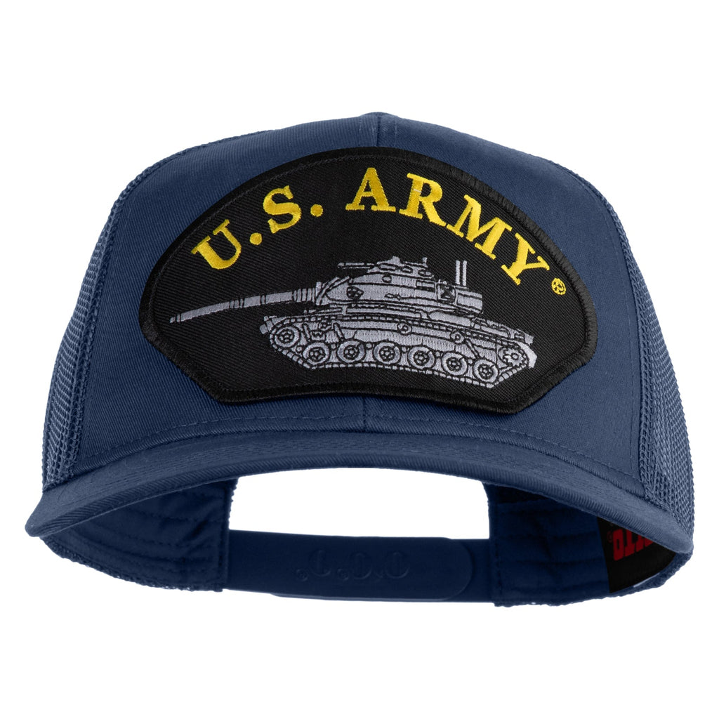 Blue cap with U.S. Army patch featuring a tank on a white background