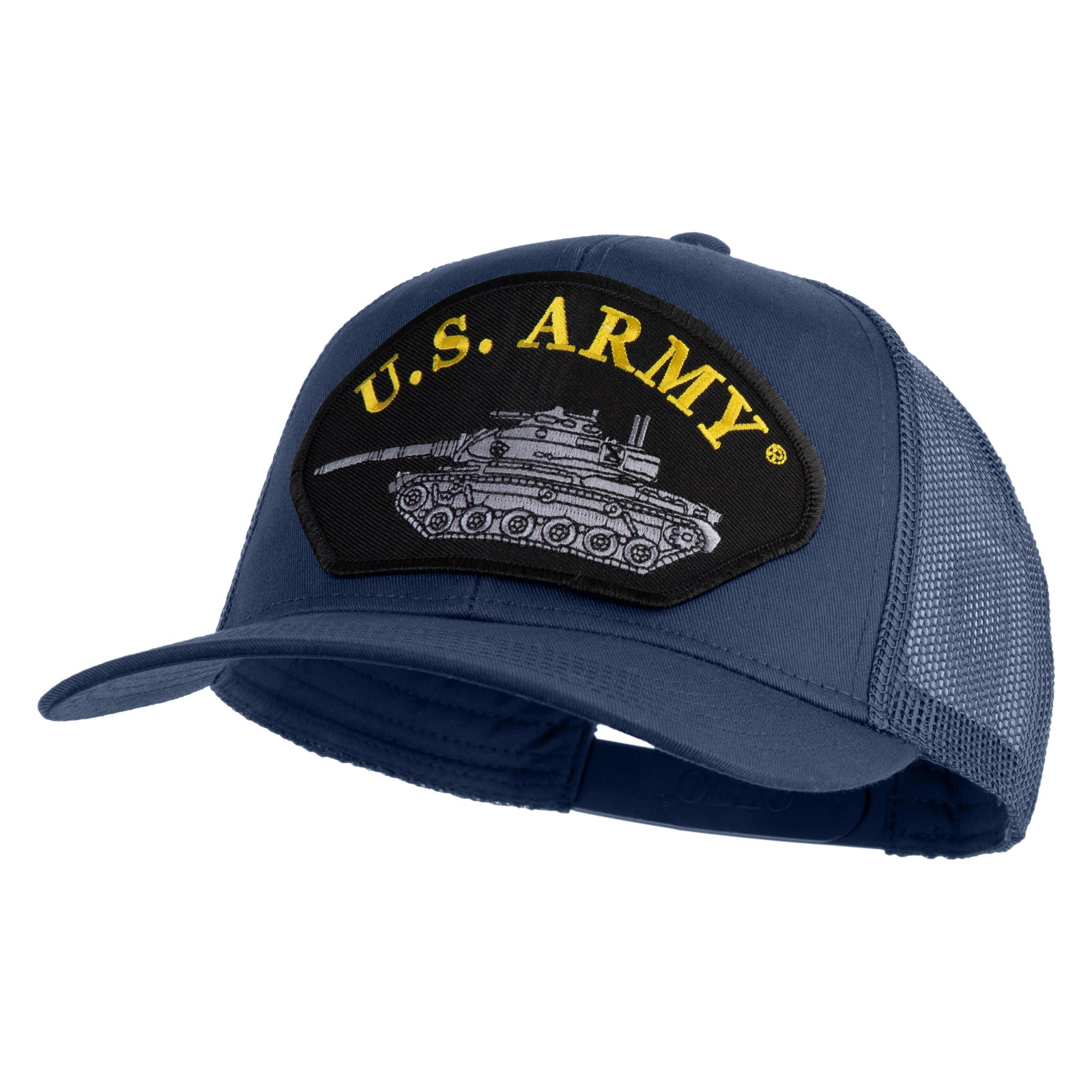 Blue cap with U.S. Army patch featuring a tank on a white background