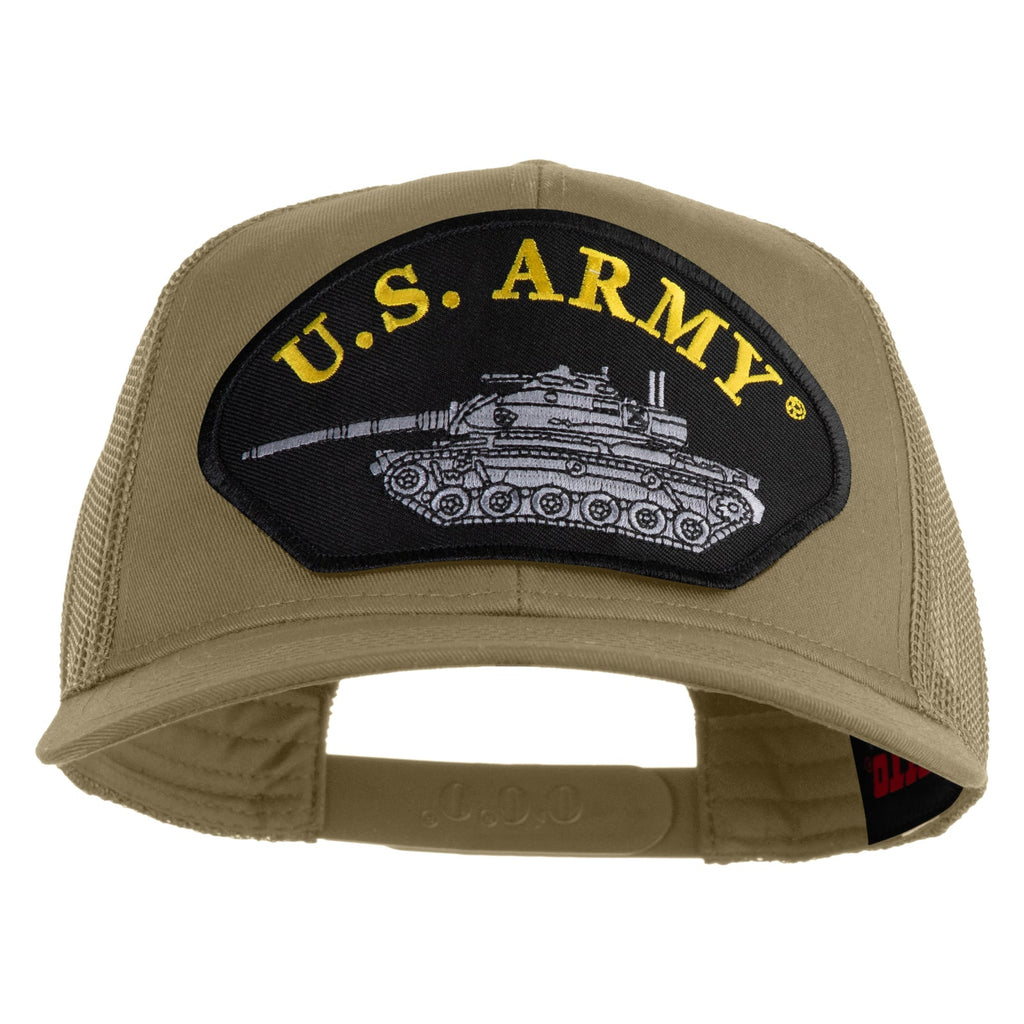 Khaki cap with U.S. Army logo featuring a tank on a white background