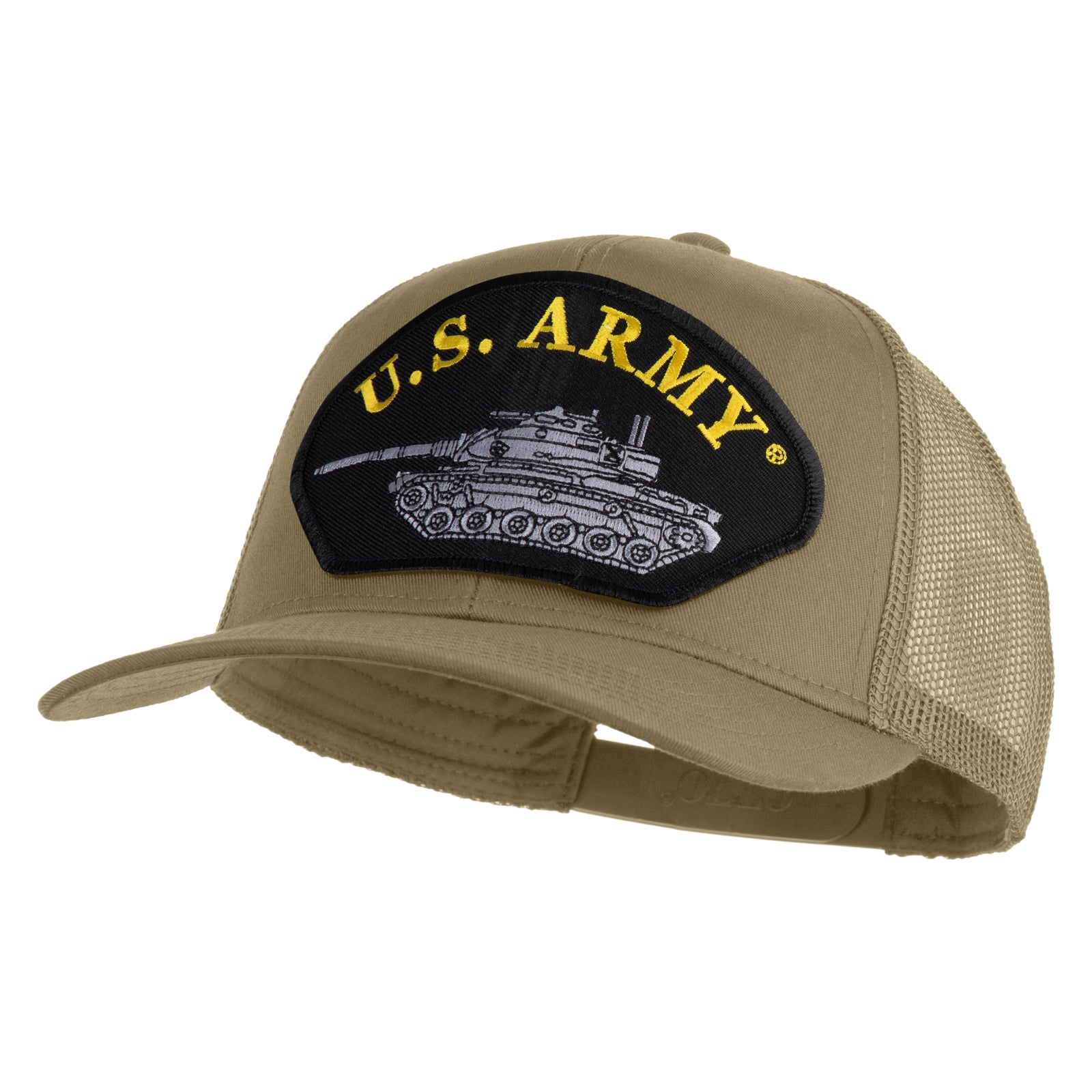 Khaki cap with U.S. Army logo featuring a tank on a white background