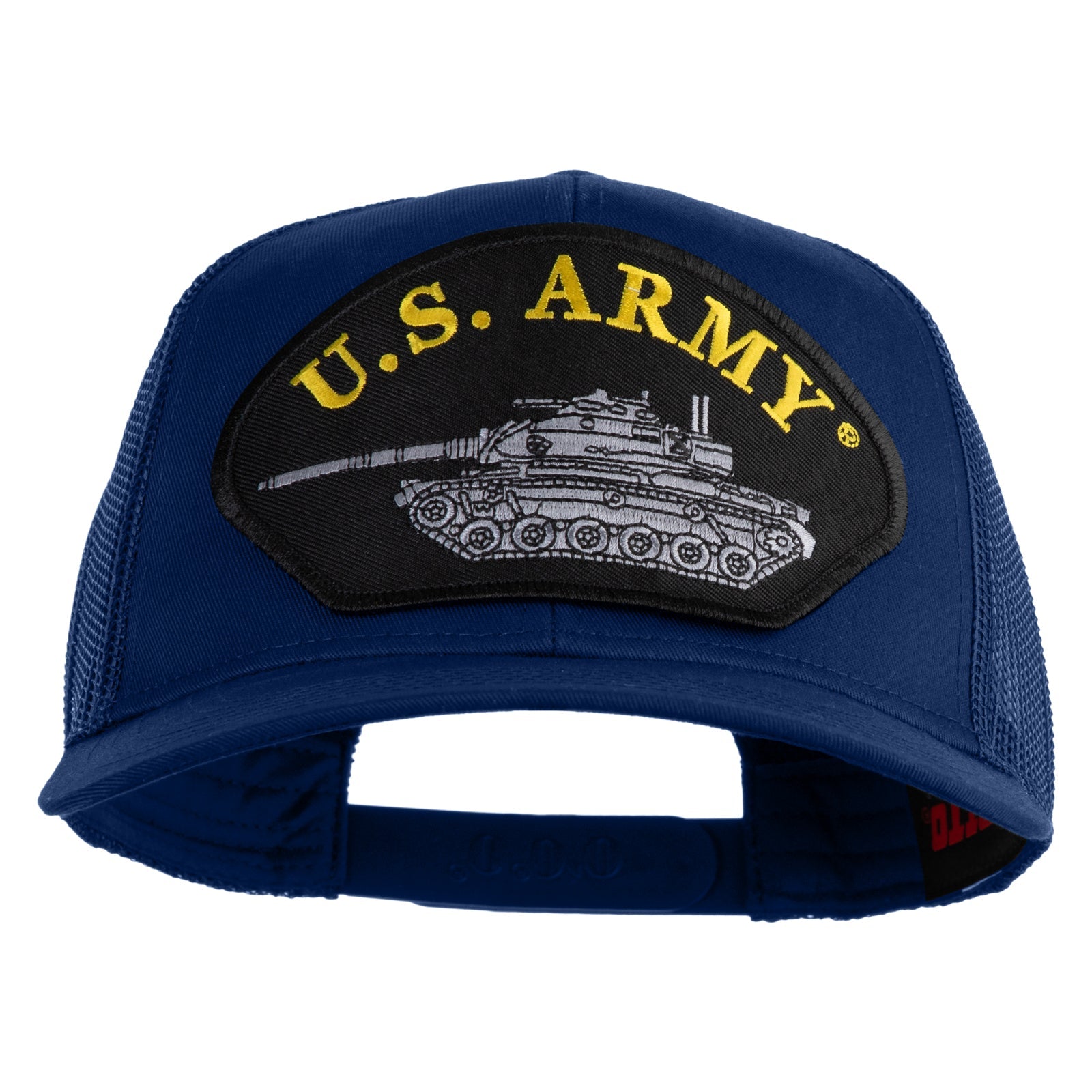 Blue cap with U.S. Army patch featuring a tank on a white background