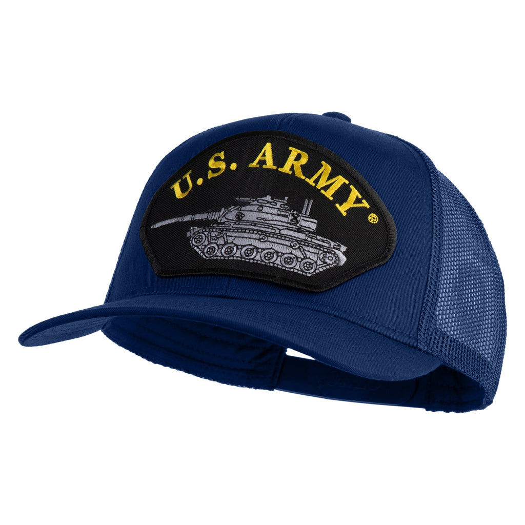 Blue U.S. Army cap with tank emblem on a white background