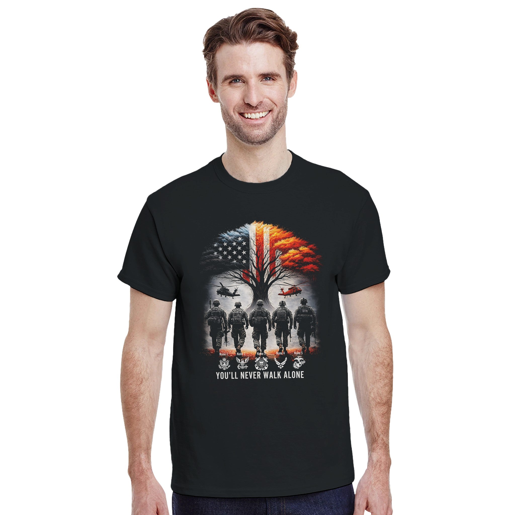 dbec4040-e175-44c2-84f9-443e0d55269a Five soldiers walking towards a tree with an American flag design, helicopters, and text 'You'll Never Walk Alone'.