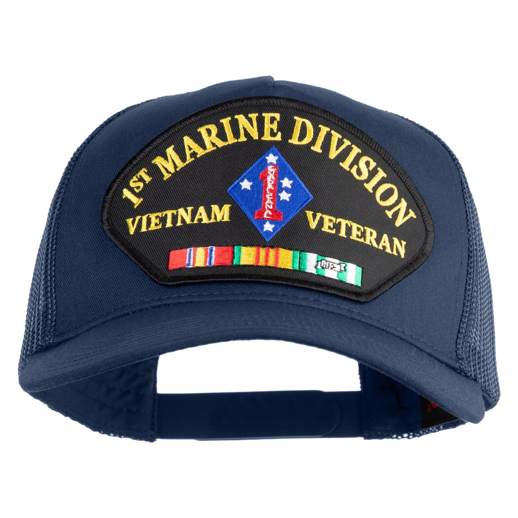 Navy blue cap with '1st Marine Division Vietnam Veteran' patch on a white background
