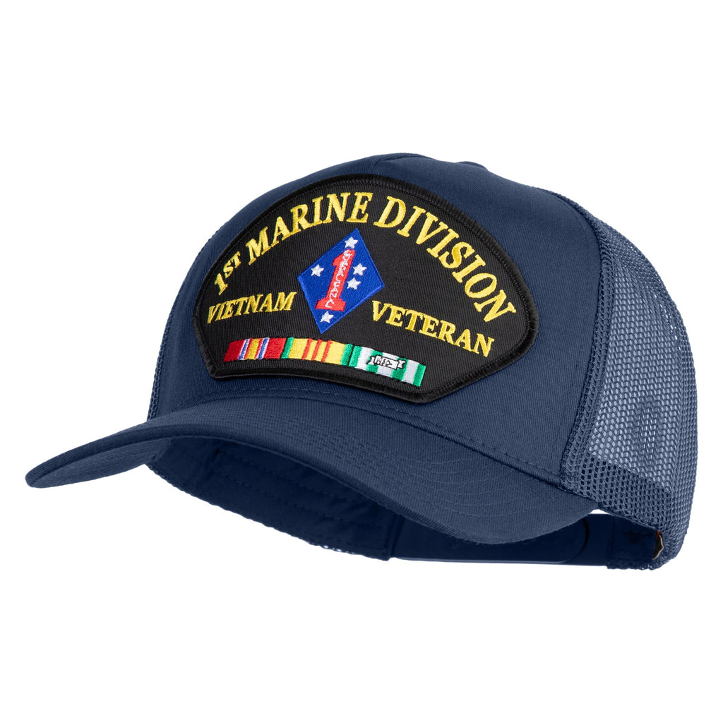 Blue cap with '1st Marine Division Vietnam Veteran' patch on a white background