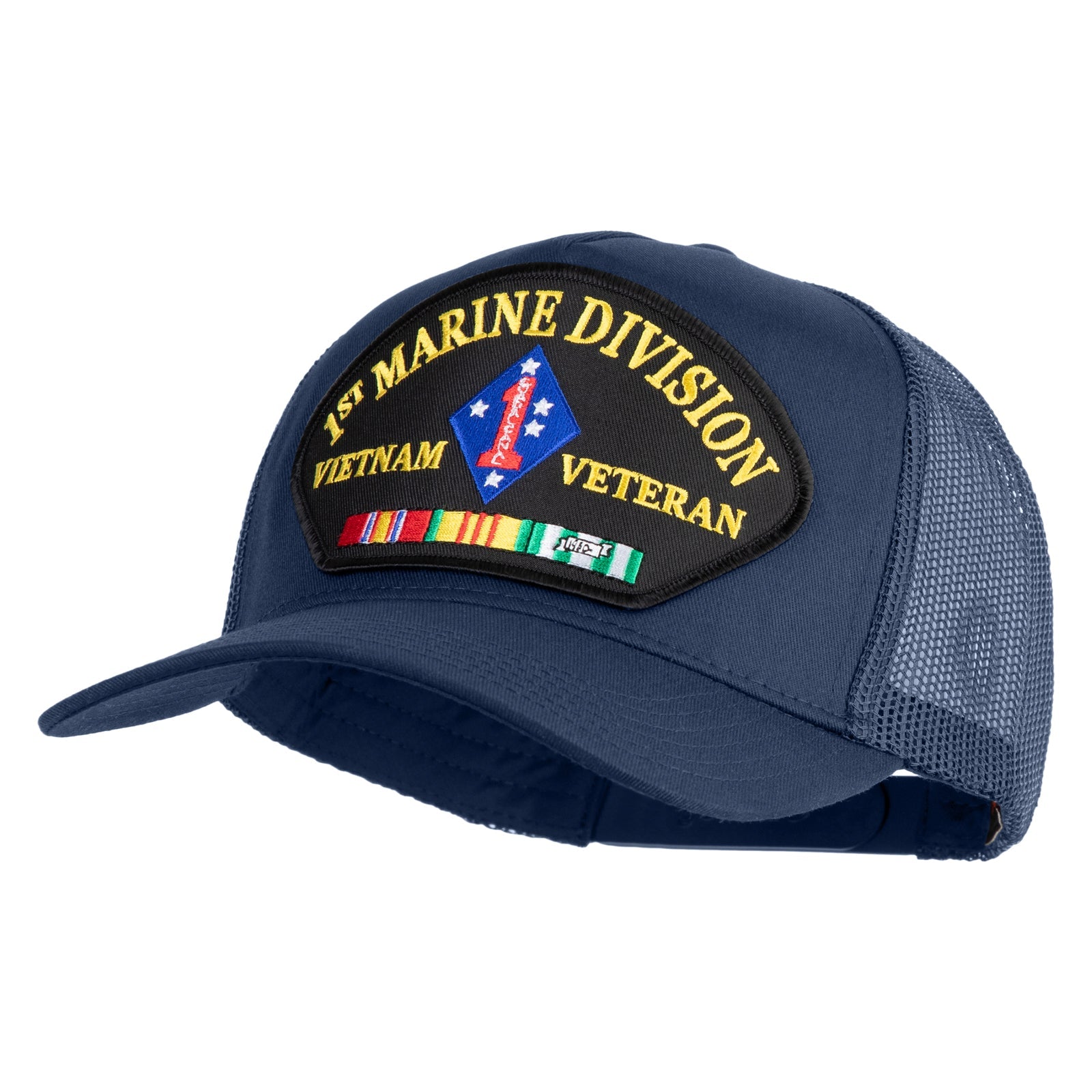 Blue cap with '1st Marine Division Vietnam Veteran' patch on a white background