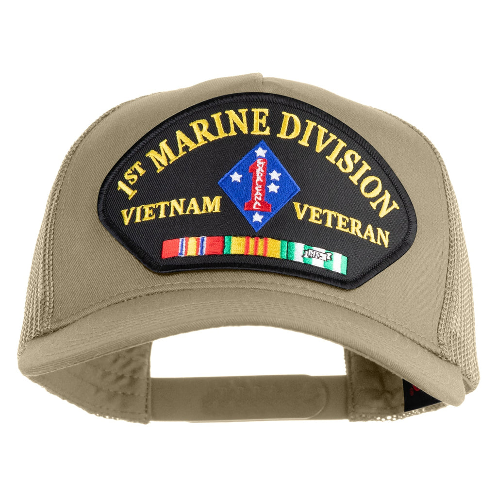 Khaki cap with '1st Marine Division Vietnam Veteran' patch on a white background