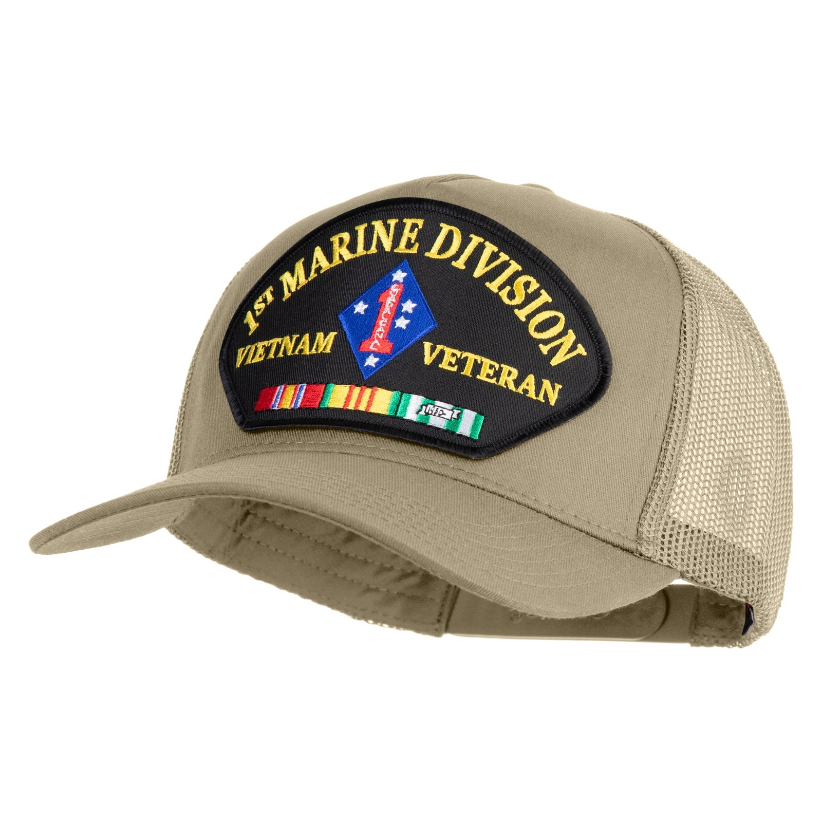 Khaki cap with '1st Marine Division Vietnam Veteran' patch on a white background