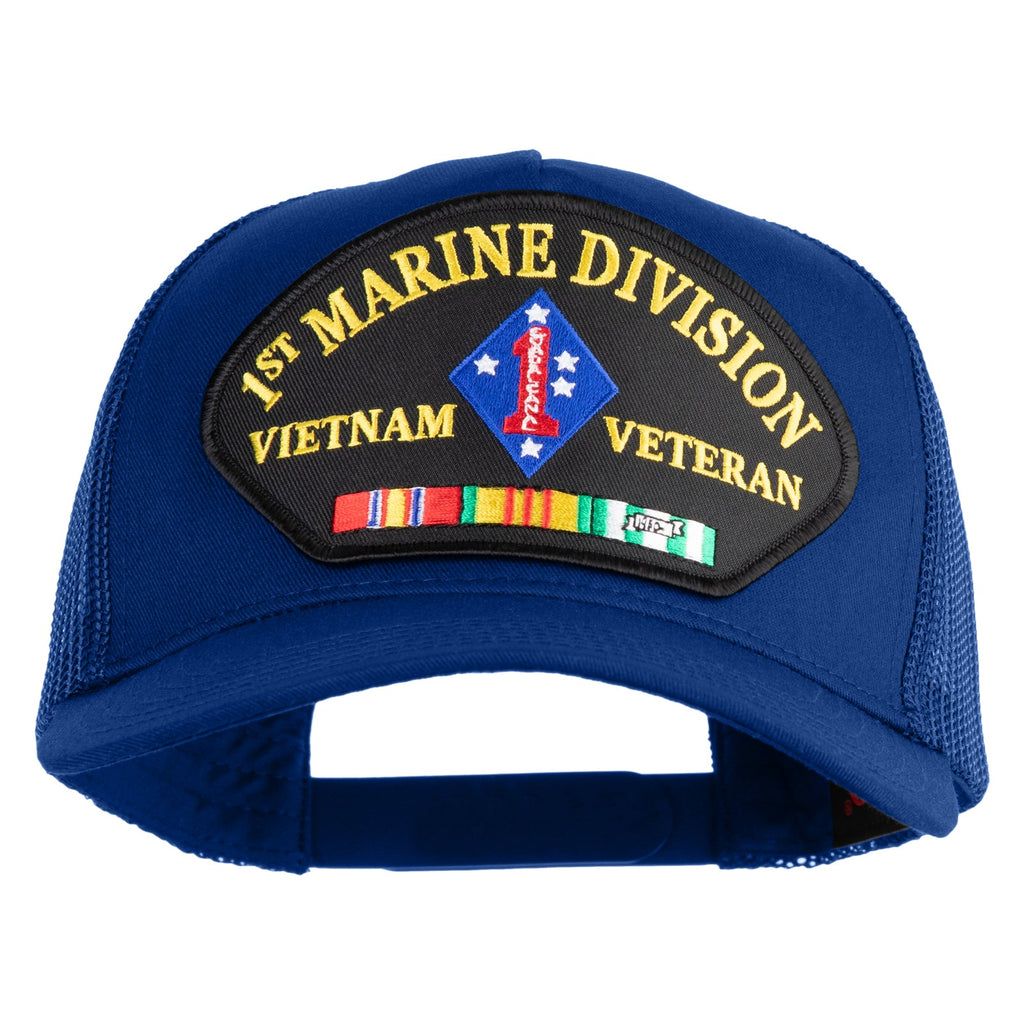 Blue cap with '1st Marine Division Vietnam Veteran' patch on a white background