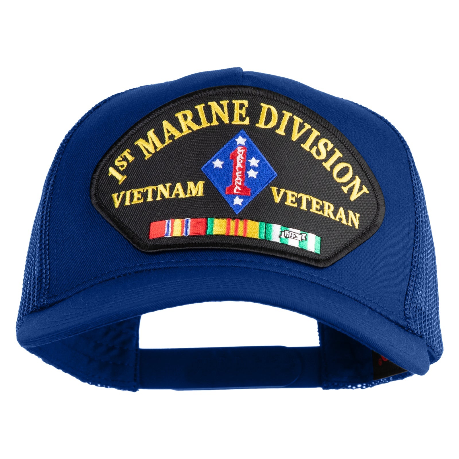 Blue cap with '1st Marine Division Vietnam Veteran' patch on a white background
