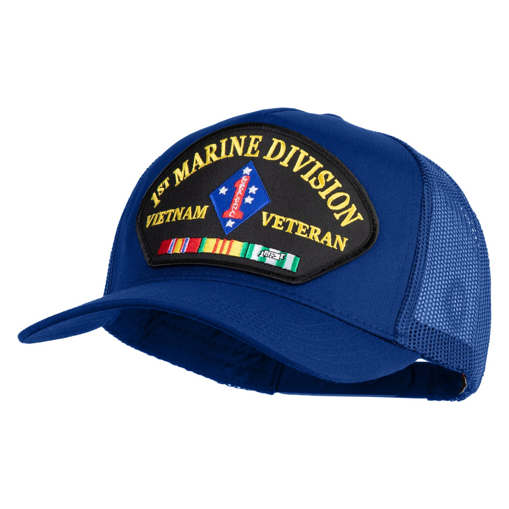 Blue cap with '1st Marine Division Vietnam Veteran' patch on a white background