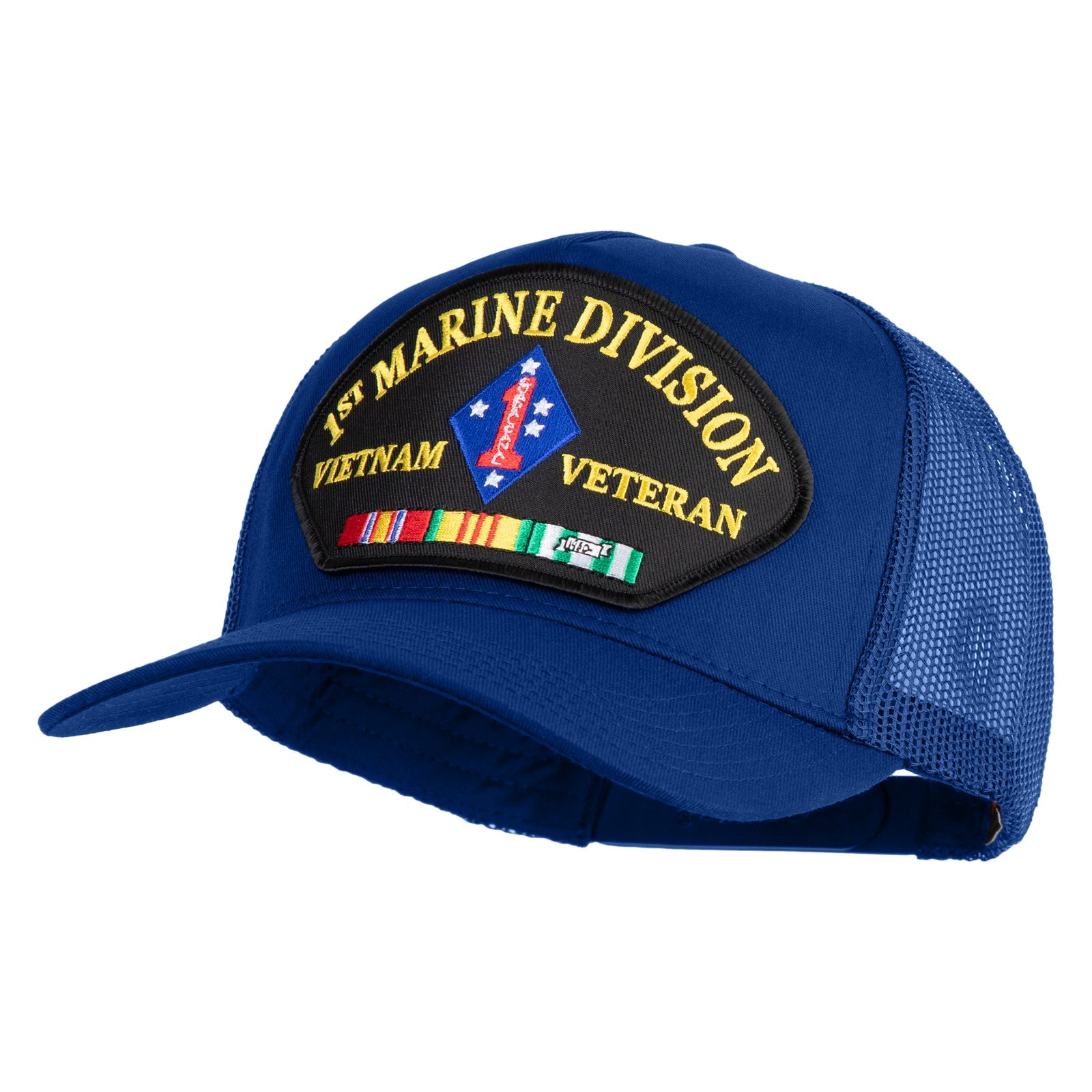 Blue cap with '1st Marine Division Vietnam Veteran' patch on a white background