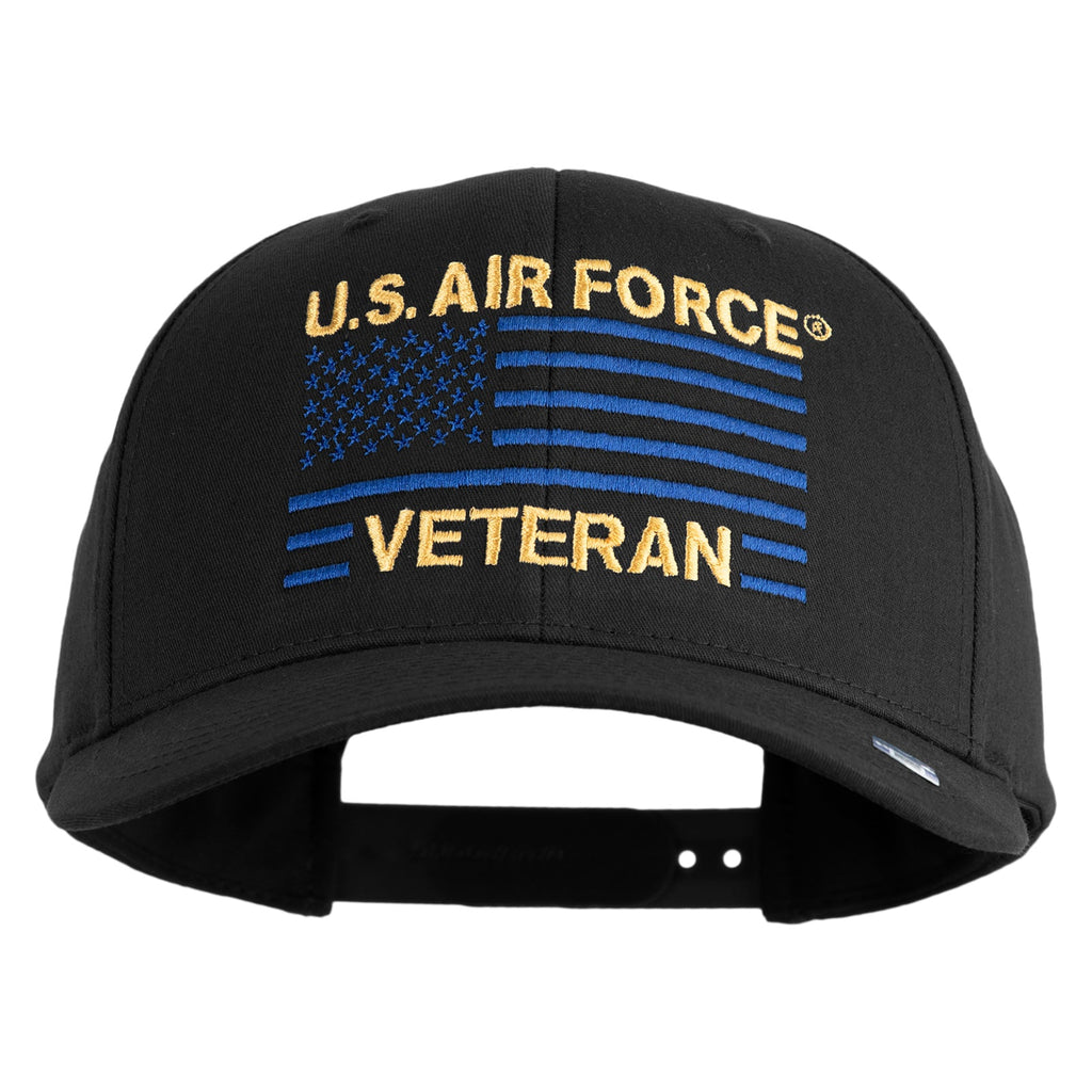 Black cap with U.S. Air Force Veteran text and blue stripe design on a white background
