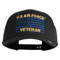 Black cap with U.S. Air Force Veteran text and blue stripe design on a white background