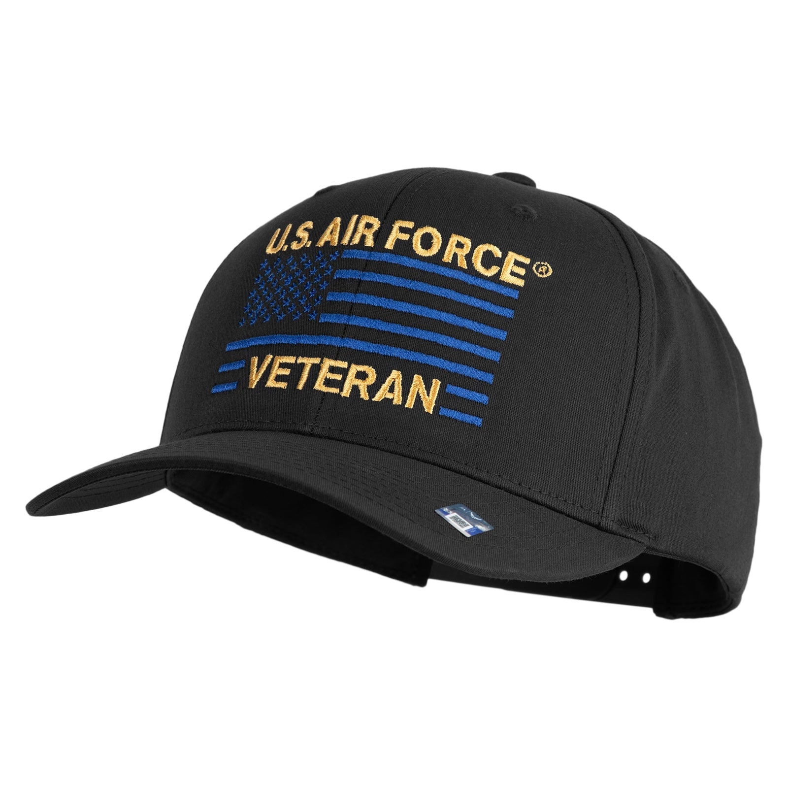 Black cap with U.S. Air Force Veteran text and flag design on a white background