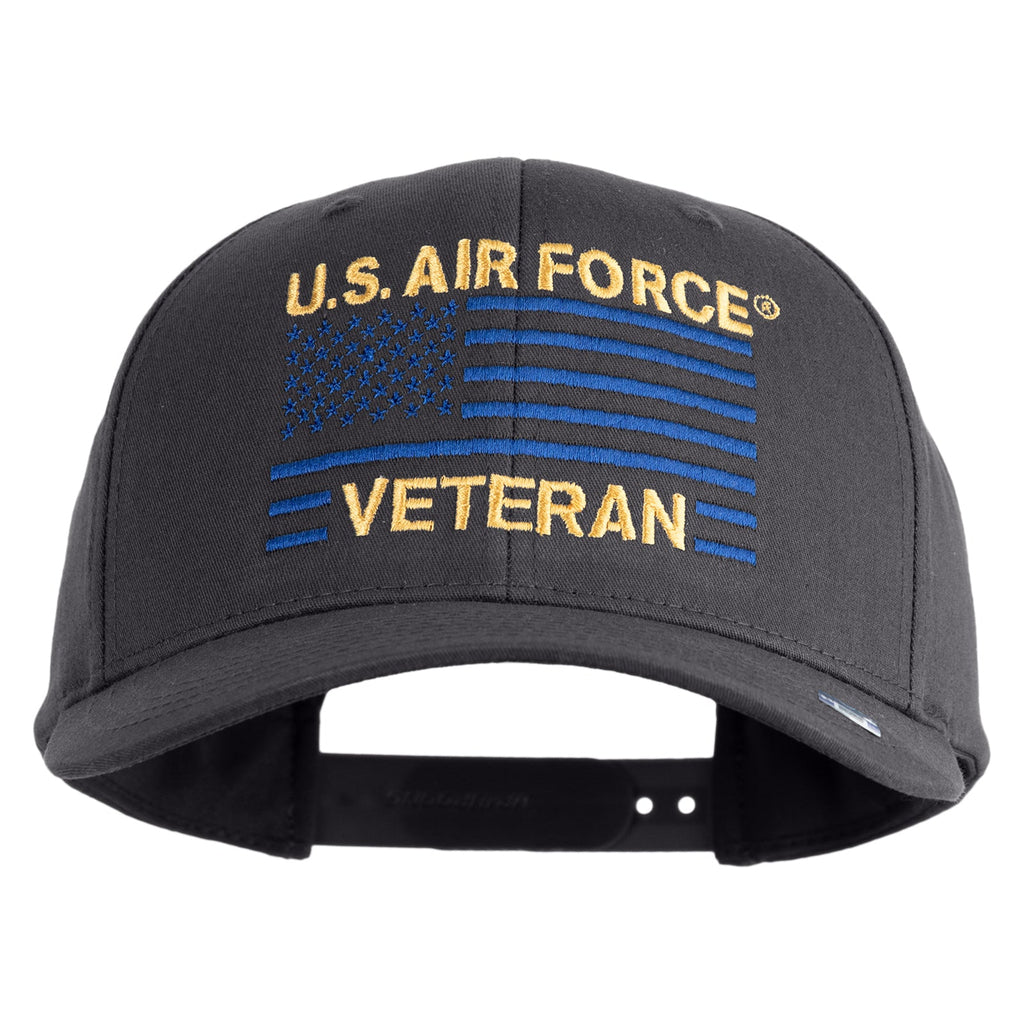 Gray cap with U.S. Air Force Veteran text and blue stripes on a white background