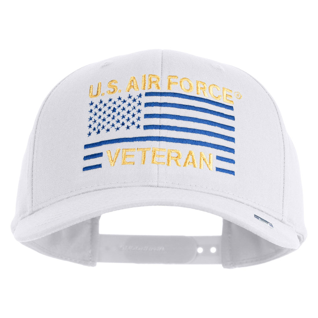 White cap with U.S. Air Force Veteran text and flag design on a white background